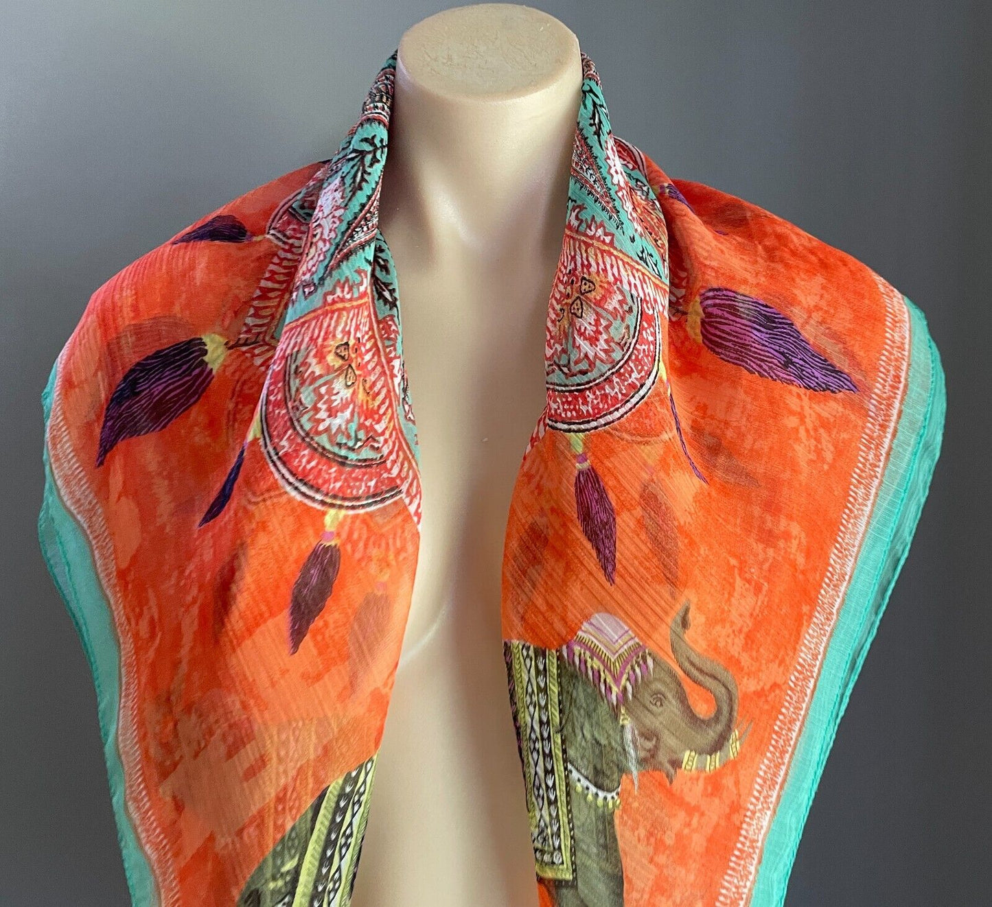 SPORTSGIRL  SCARF 82cm Square NeckOrange Base Elephant Paisley Print Mandala