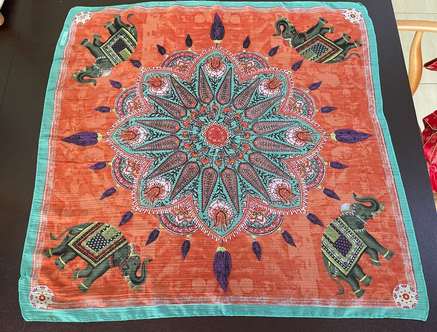 SPORTSGIRL  SCARF 82cm Square NeckOrange Base Elephant Paisley Print Mandala