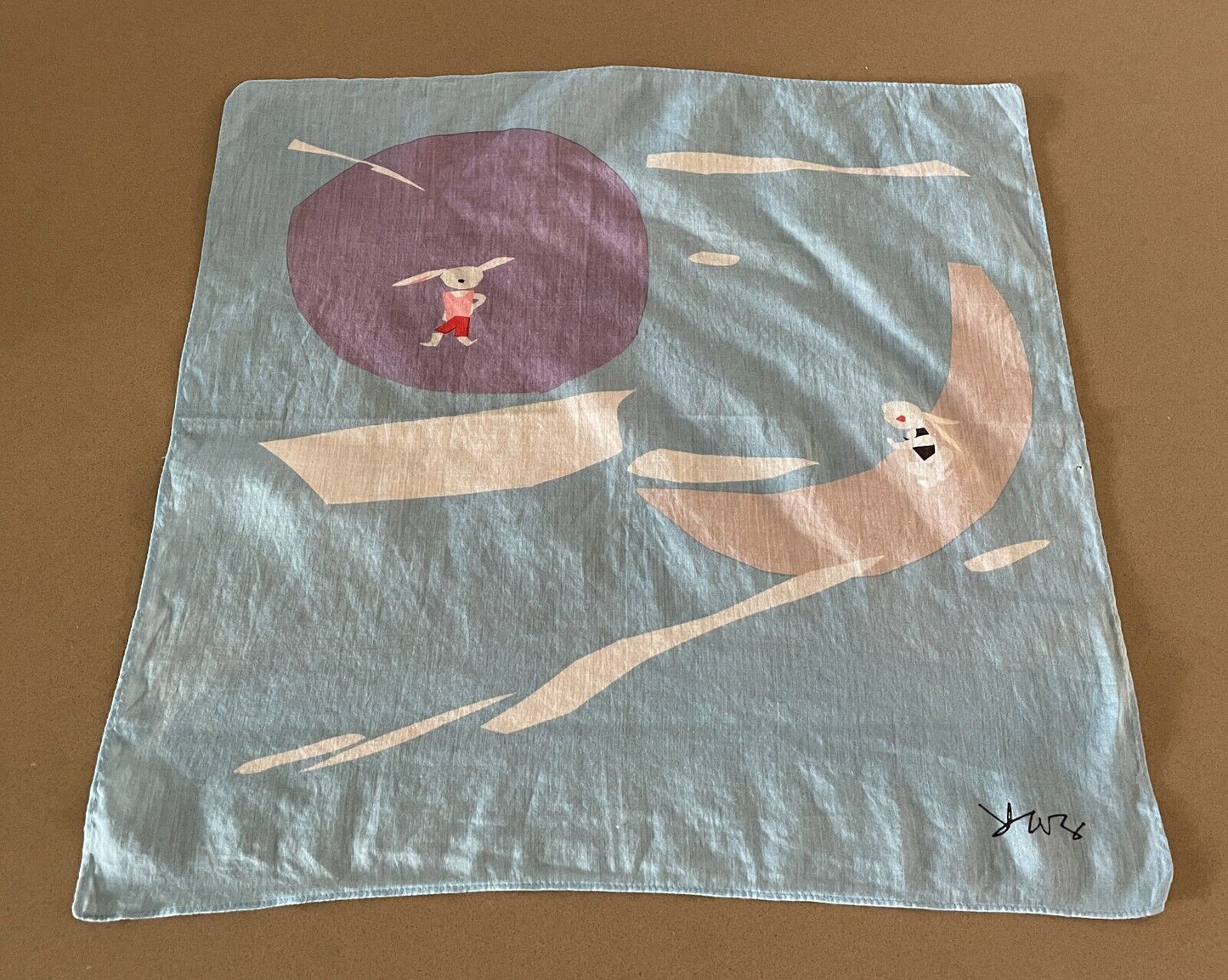 Square Neck SCARF RABBIT Neckerchief Head Wrap Pale Blue Abstract 42x43cm Signed
