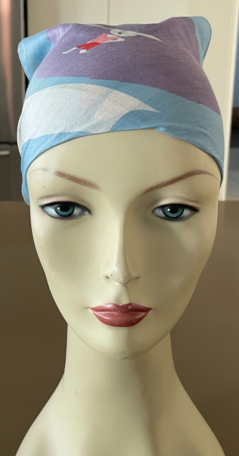 Square Neck SCARF RABBIT Neckerchief Head Wrap Pale Blue Abstract 42x43cm Signed