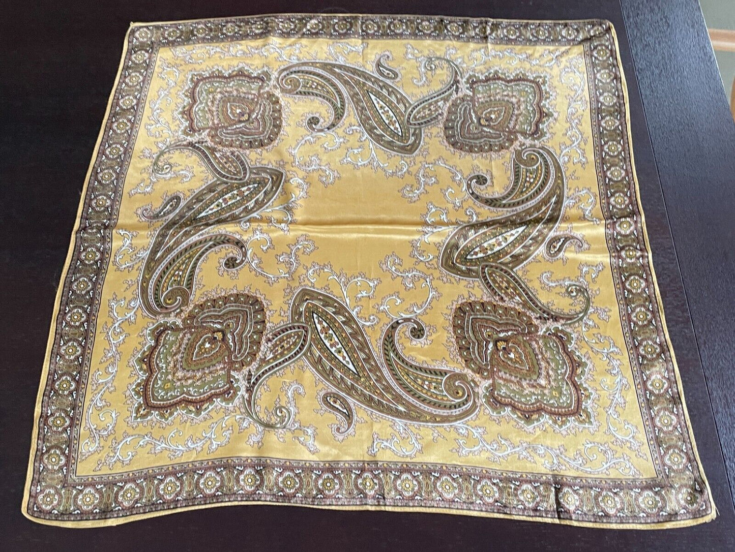 Square Neck SCARF Satin Brown Black Gold Khaki White Paisley Vintage 66 x 68cm