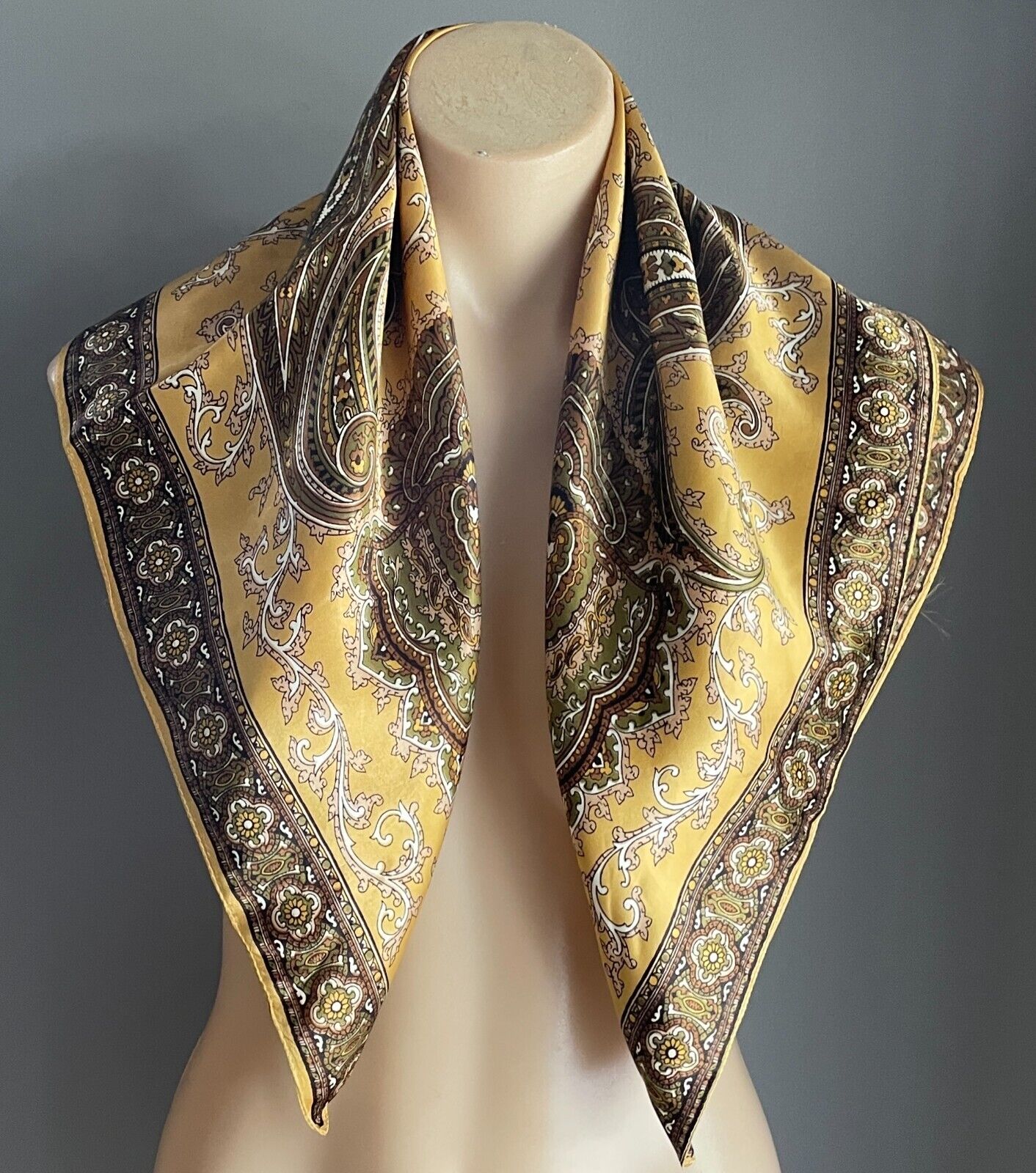 Square Neck SCARF Satin Brown Black Gold Khaki White Paisley Vintage 66 x 68cm