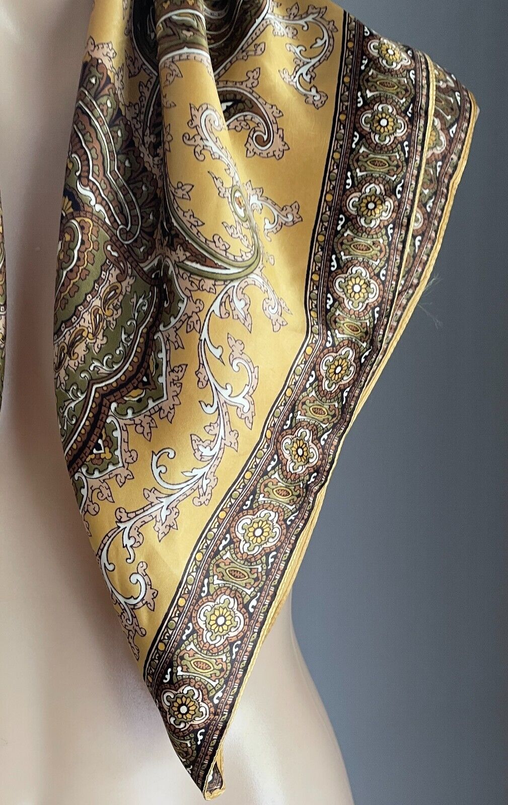Square Neck SCARF Satin Brown Black Gold Khaki White Paisley Vintage 66 x 68cm