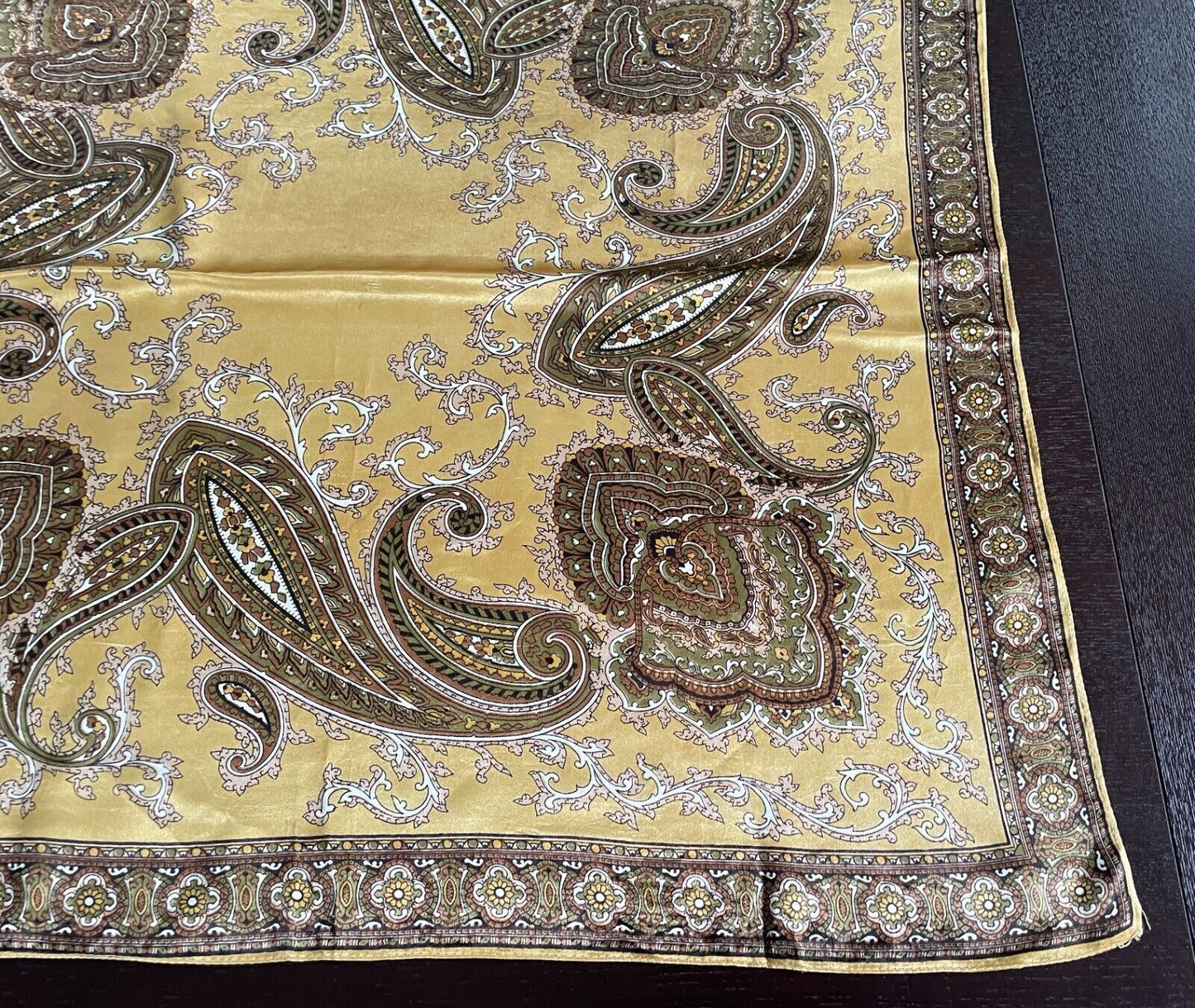 Square Neck SCARF Satin Brown Black Gold Khaki White Paisley Vintage 66 x 68cm