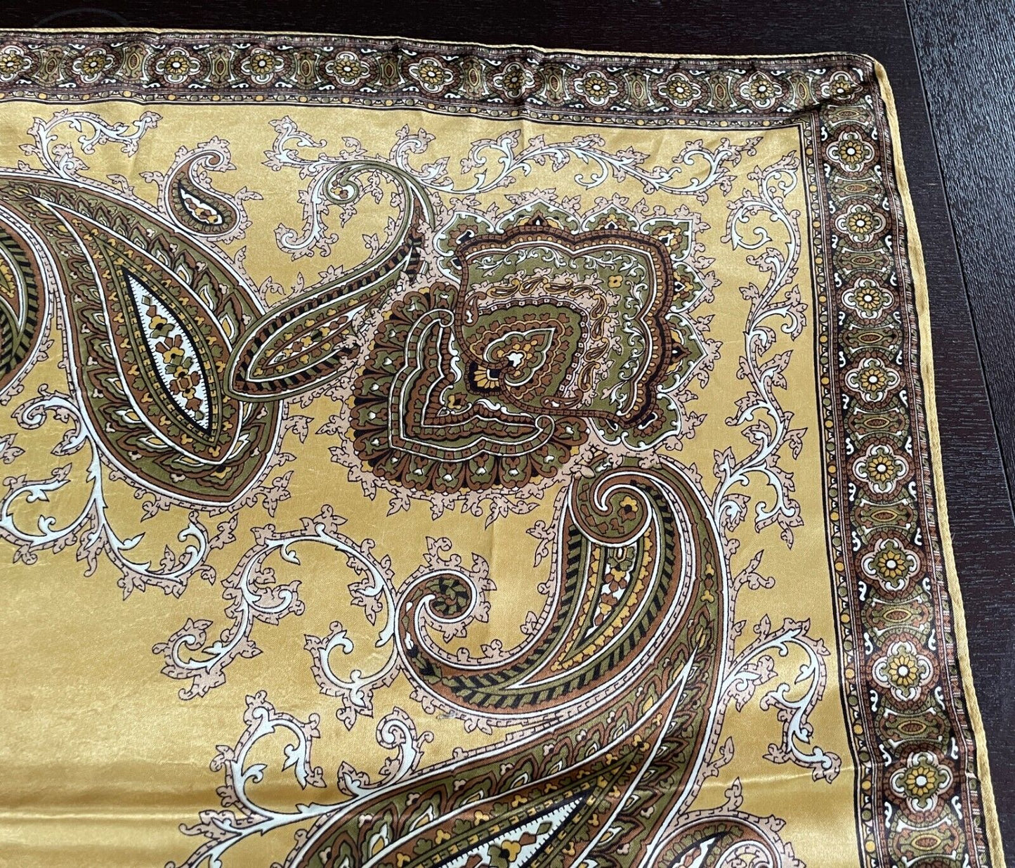 Square Neck SCARF Satin Brown Black Gold Khaki White Paisley Vintage 66 x 68cm
