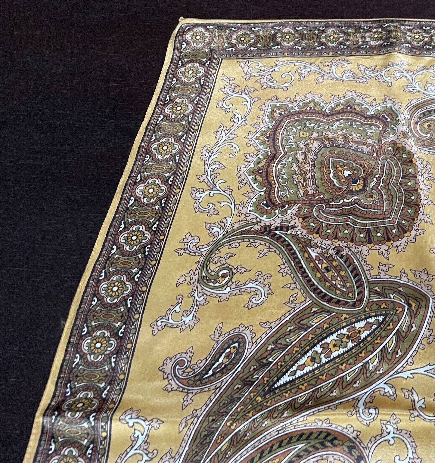 Square Neck SCARF Satin Brown Black Gold Khaki White Paisley Vintage 66 x 68cm
