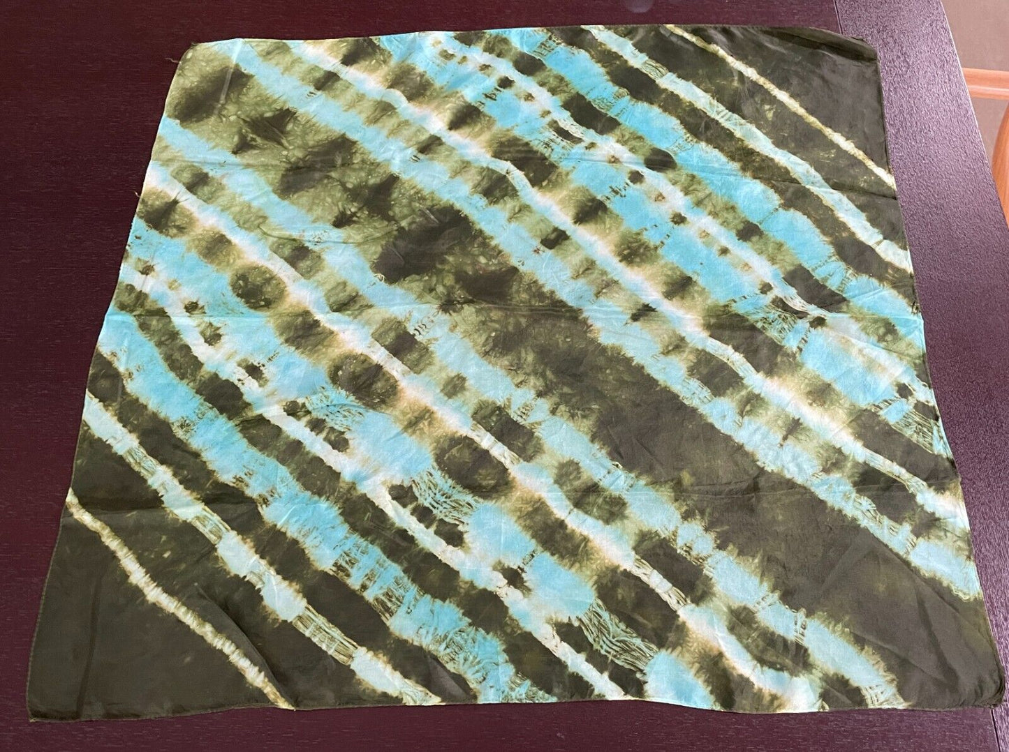 Square Neck SCARF Turquoise Khaki Cream Tie Dye Vintage 66.5cmx71cm Stunning