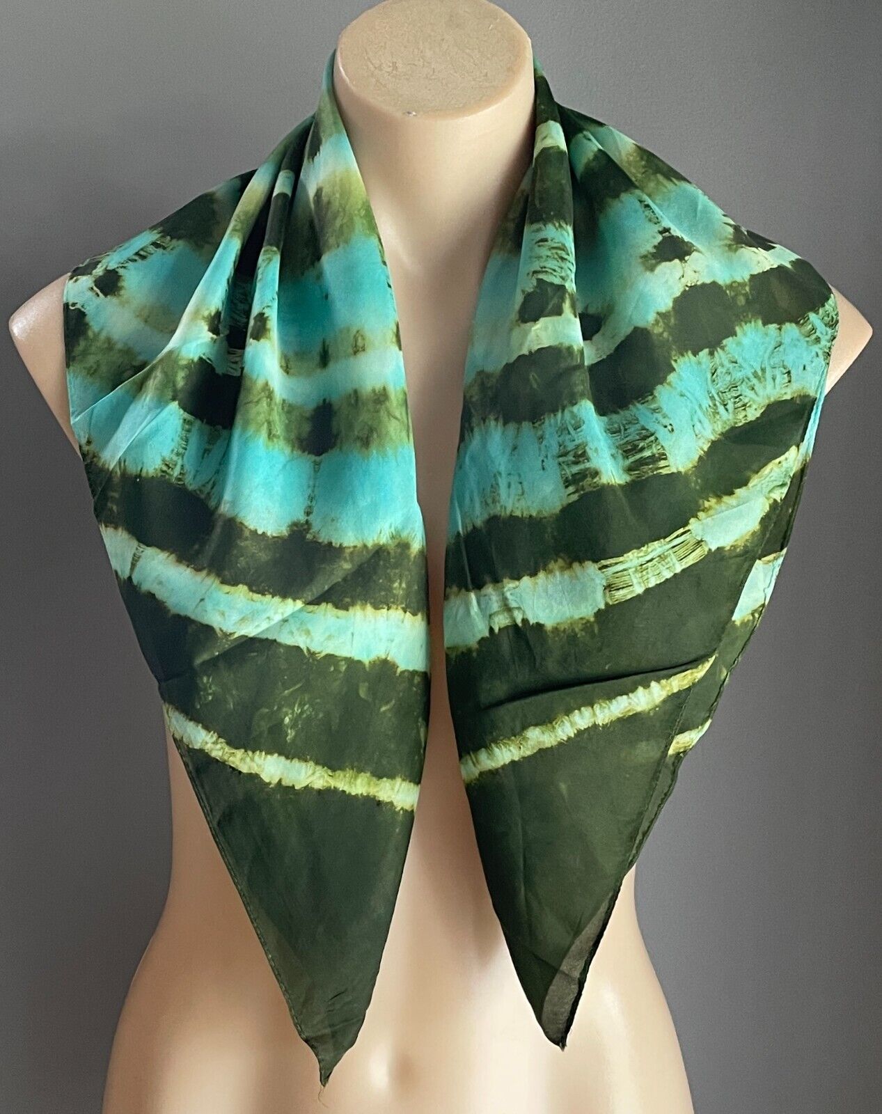 Square Neck SCARF Turquoise Khaki Cream Tie Dye Vintage 66.5cmx71cm Stunning