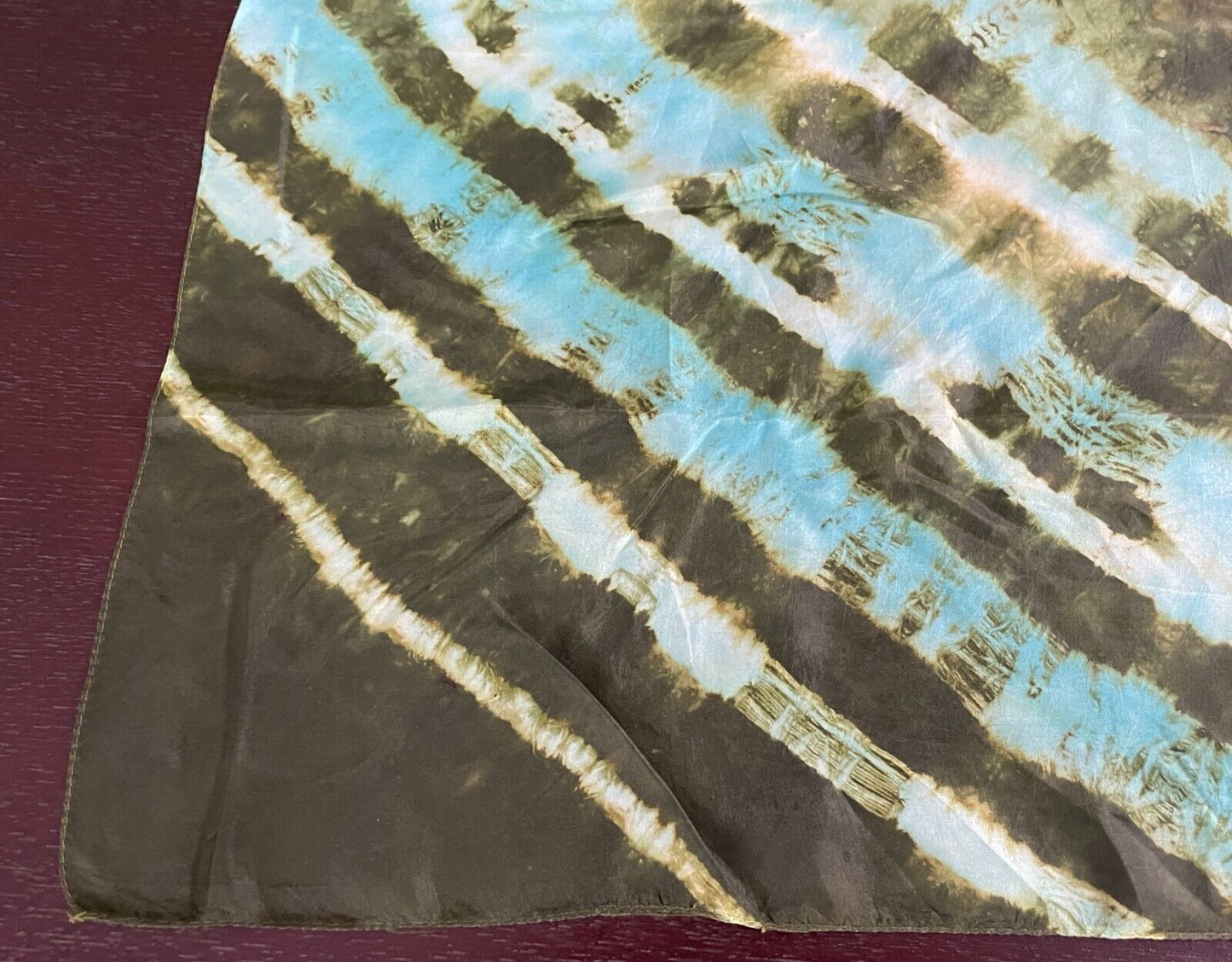 Square Neck SCARF Turquoise Khaki Cream Tie Dye Vintage 66.5cmx71cm Stunning