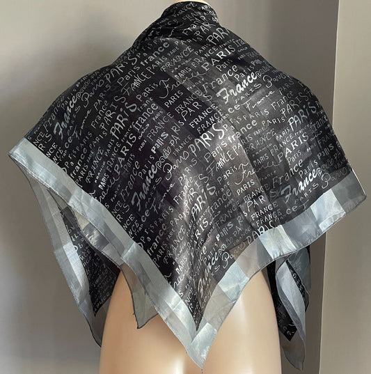 Large Neck Scarf PARIS FRANCE Souvenir Black Silver Shawl Wrap 96cm Square