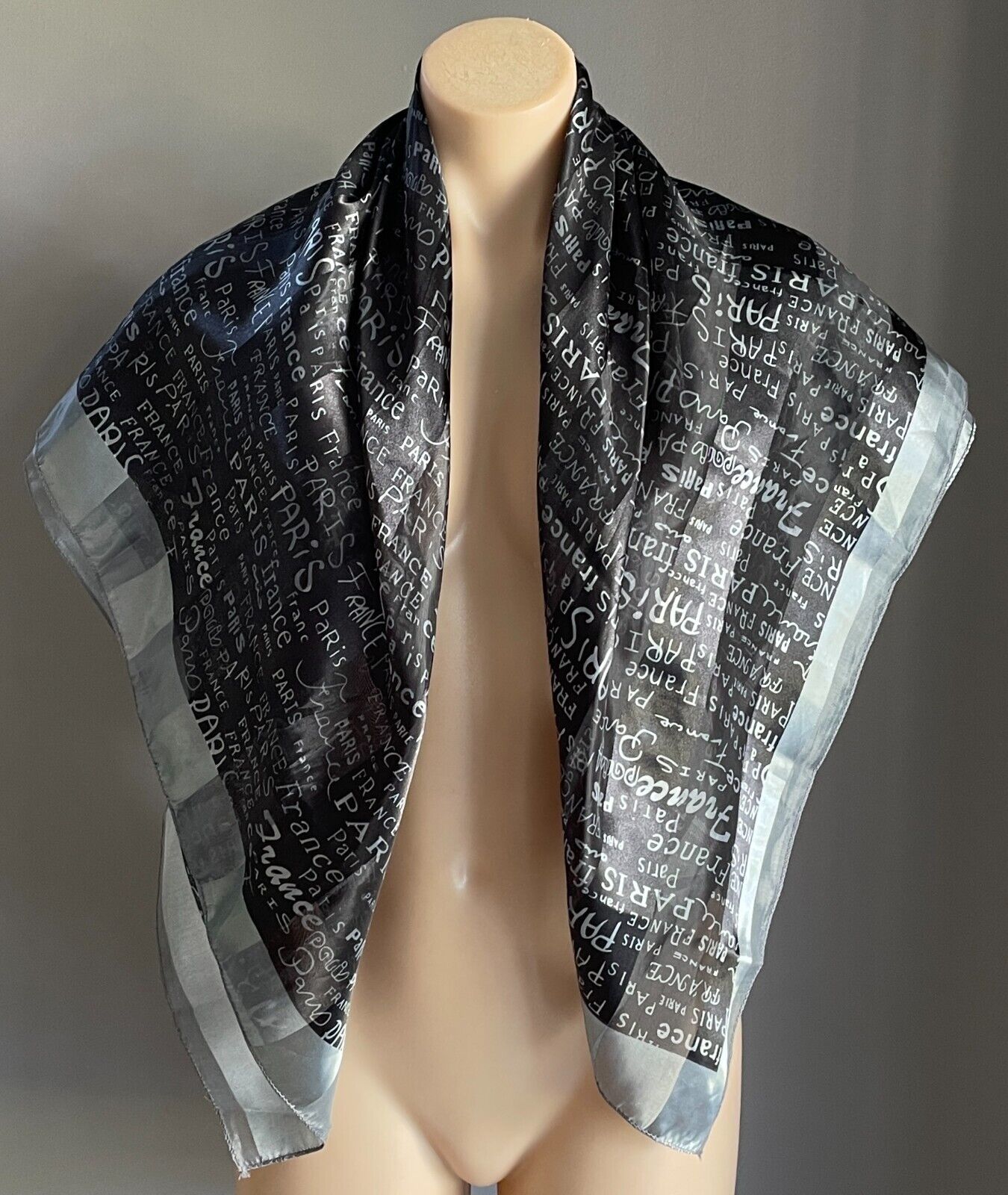 Large Neck Scarf PARIS FRANCE Souvenir Black Silver Shawl Wrap 96cm Square