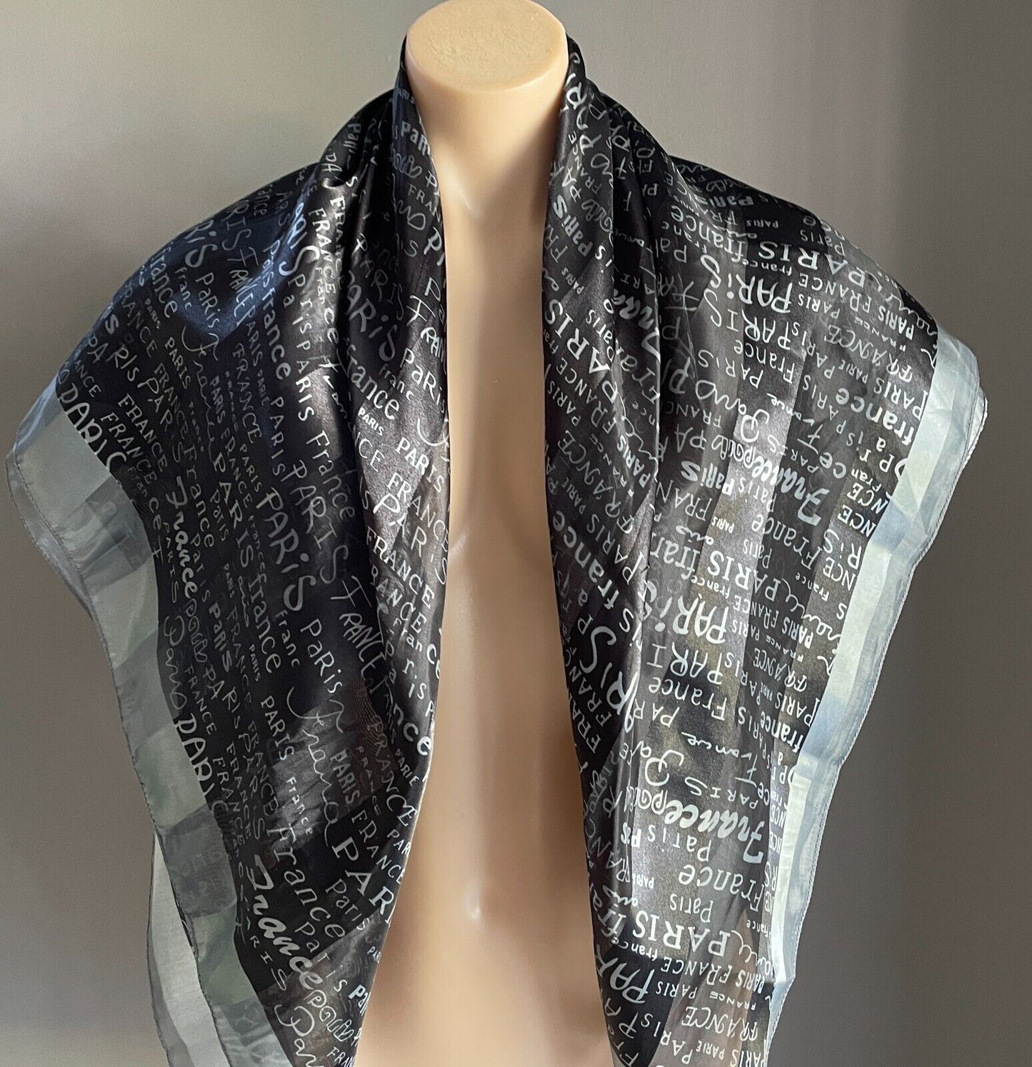 Large Neck Scarf PARIS FRANCE Souvenir Black Silver Shawl Wrap 96cm Square