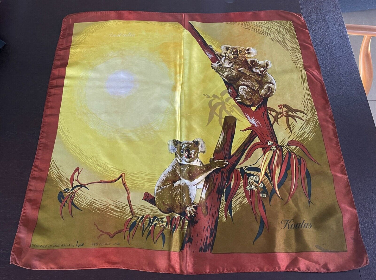 Square Neck SCARF Satin KOALA Vista View Souvenir Yellow Brown Red 66x68cm