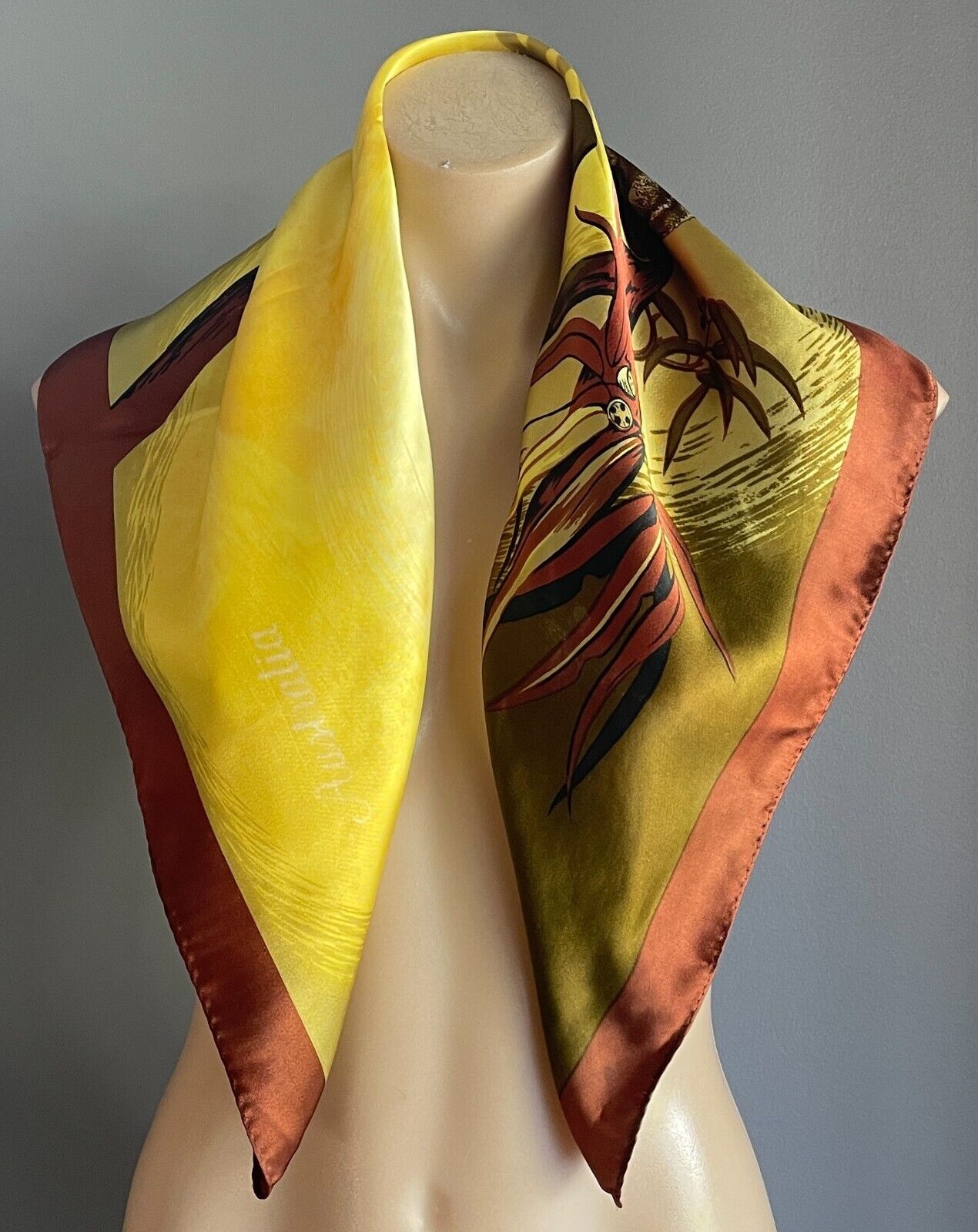 Square Neck SCARF Satin KOALA Vista View Souvenir Yellow Brown Red 66x68cm