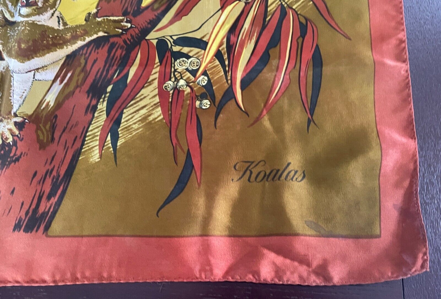 Square Neck SCARF Satin KOALA Vista View Souvenir Yellow Brown Red 66x68cm