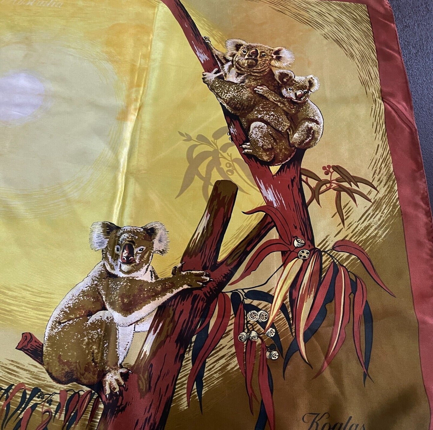 Square Neck SCARF Satin KOALA Vista View Souvenir Yellow Brown Red 66x68cm