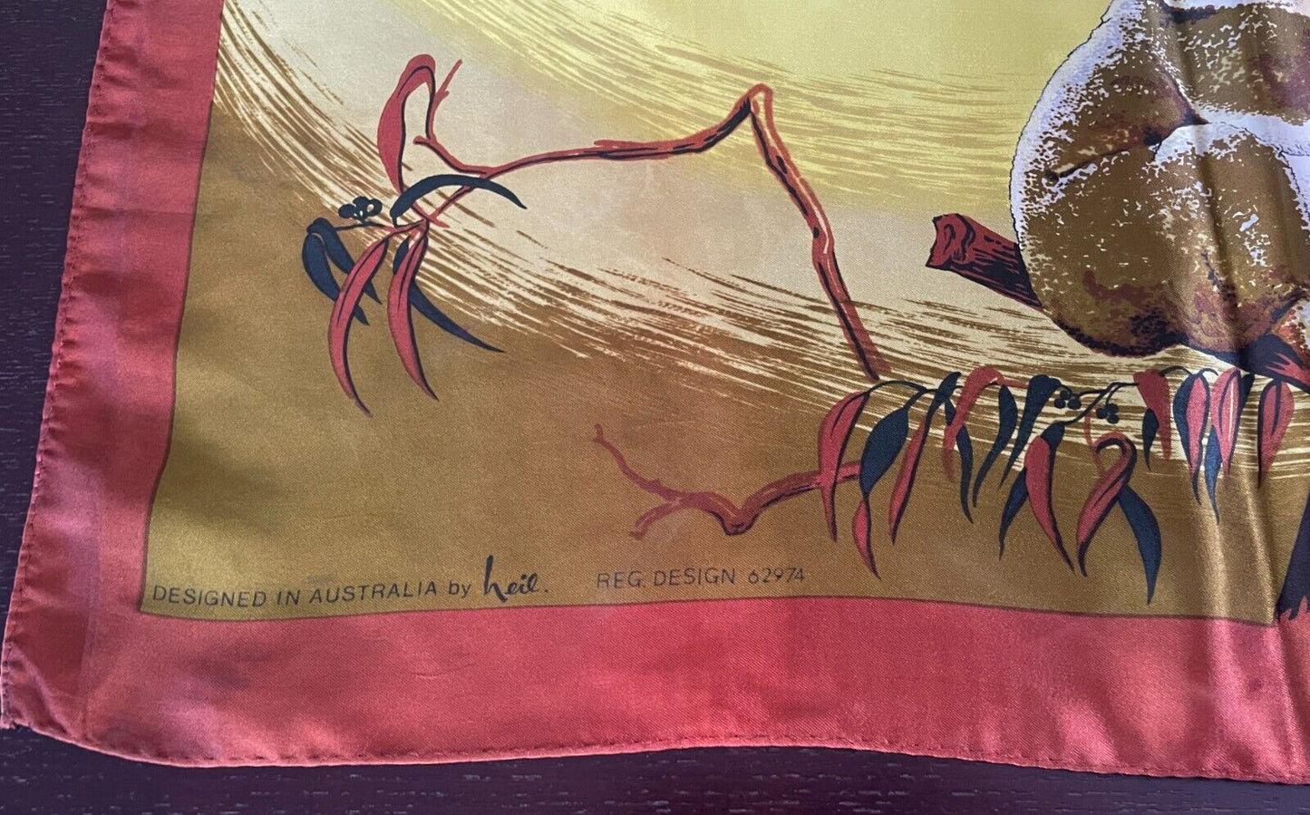 Square Neck SCARF Satin KOALA Vista View Souvenir Yellow Brown Red 66x68cm