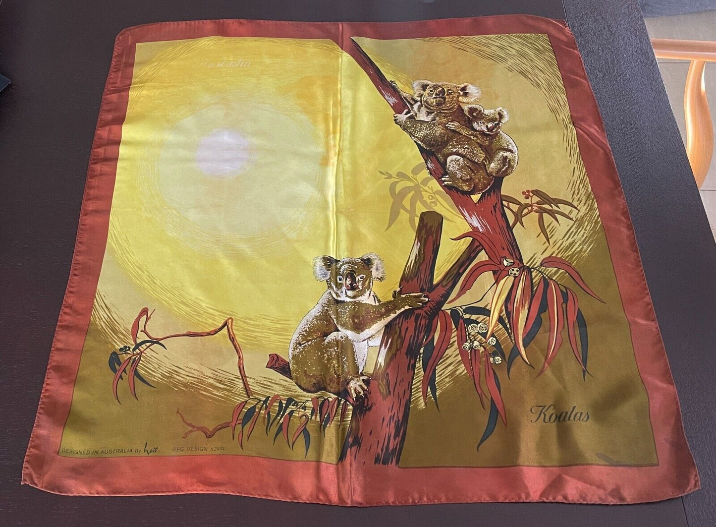 Square Neck SCARF Satin KOALA Vista View Souvenir Yellow Brown Red 66x68cm
