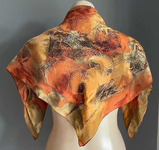 77cm Square Neck SCARF Shades of Russet Gold Khaki Black Orange Print