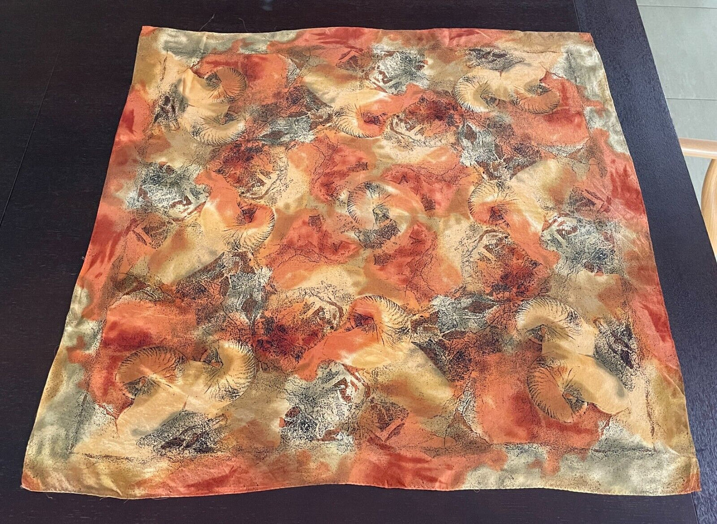 77cm Square Neck SCARF Shades of Russet Gold Khaki Black Orange Print