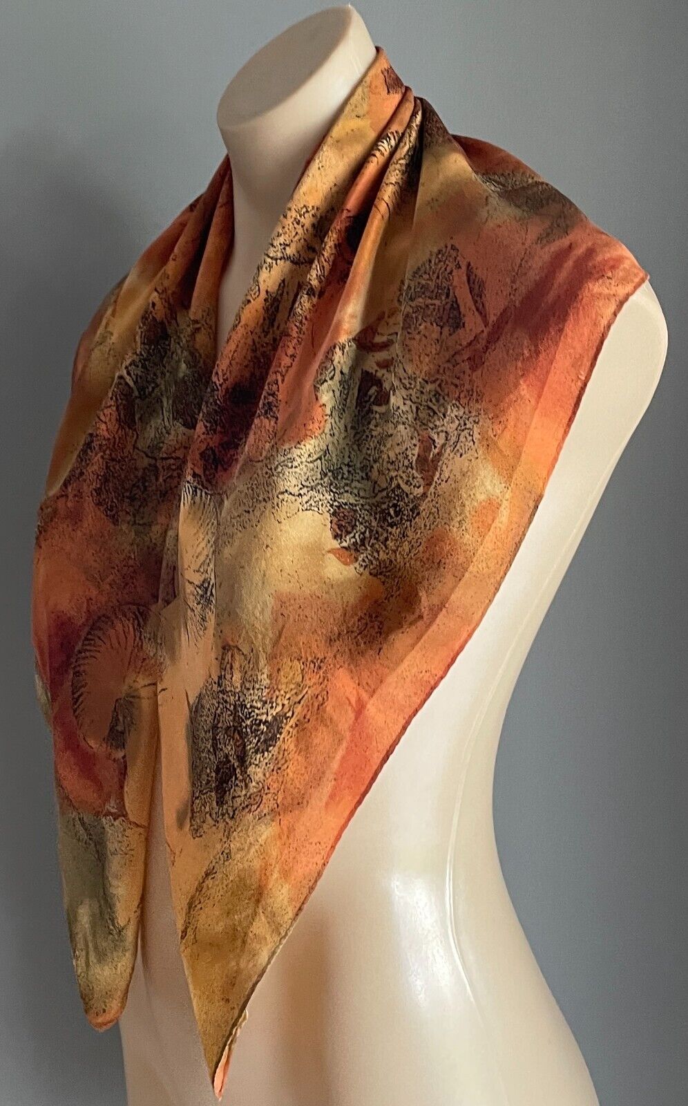 77cm Square Neck SCARF Shades of Russet Gold Khaki Black Orange Print