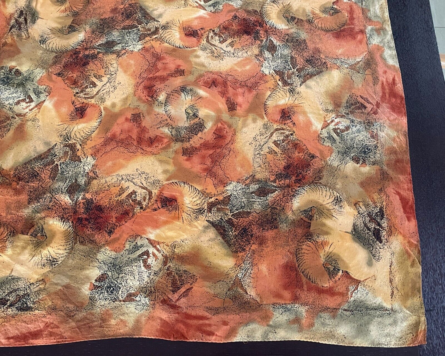 77cm Square Neck SCARF Shades of Russet Gold Khaki Black Orange Print