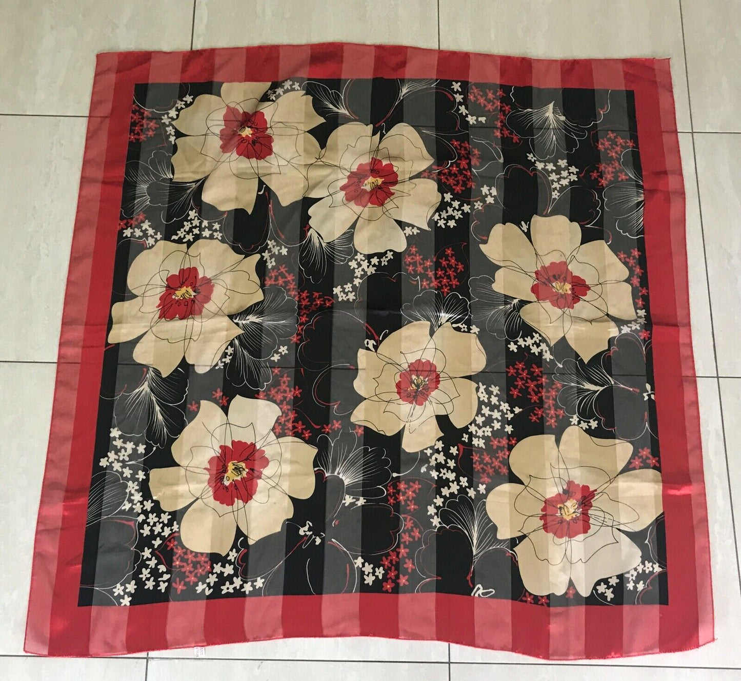 Square Neck SCARF Red Black Gold Flowers Silky Head Tie Semi Sheer Korea 105cm