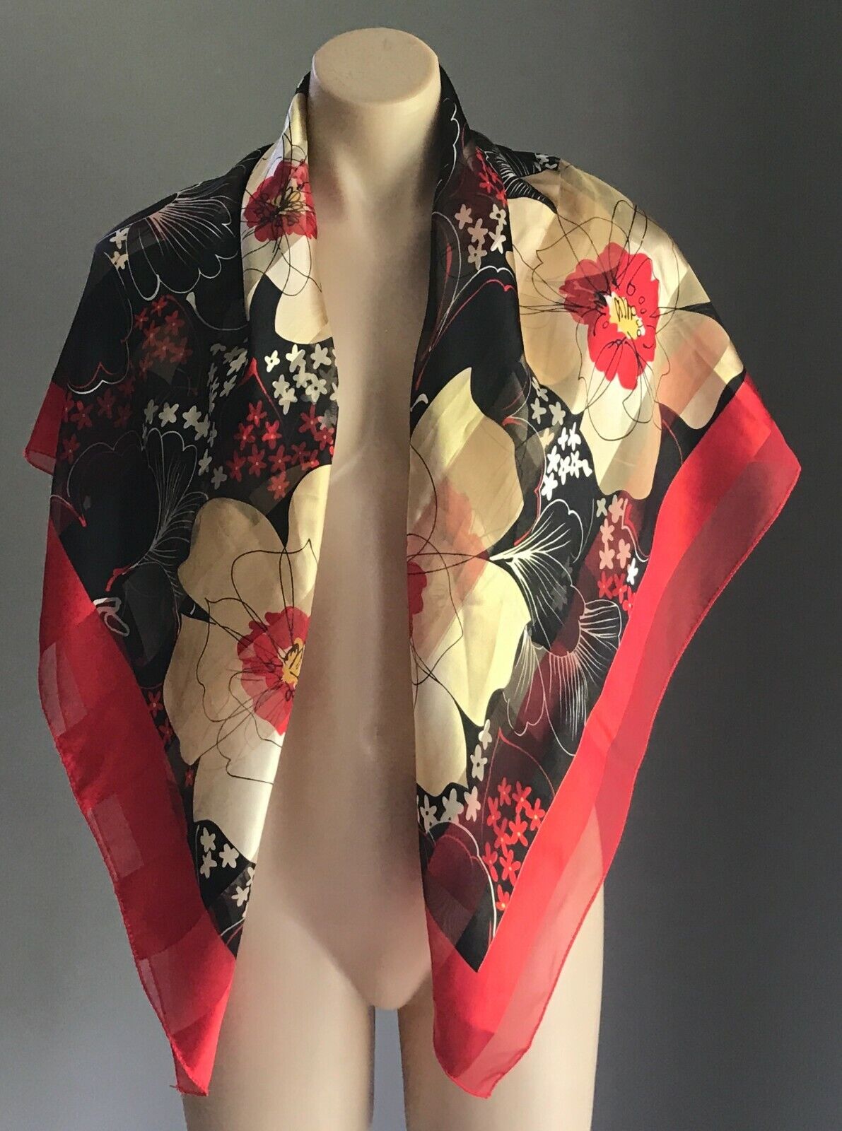 Square Neck SCARF Red Black Gold Flowers Silky Head Tie Semi Sheer Korea 105cm