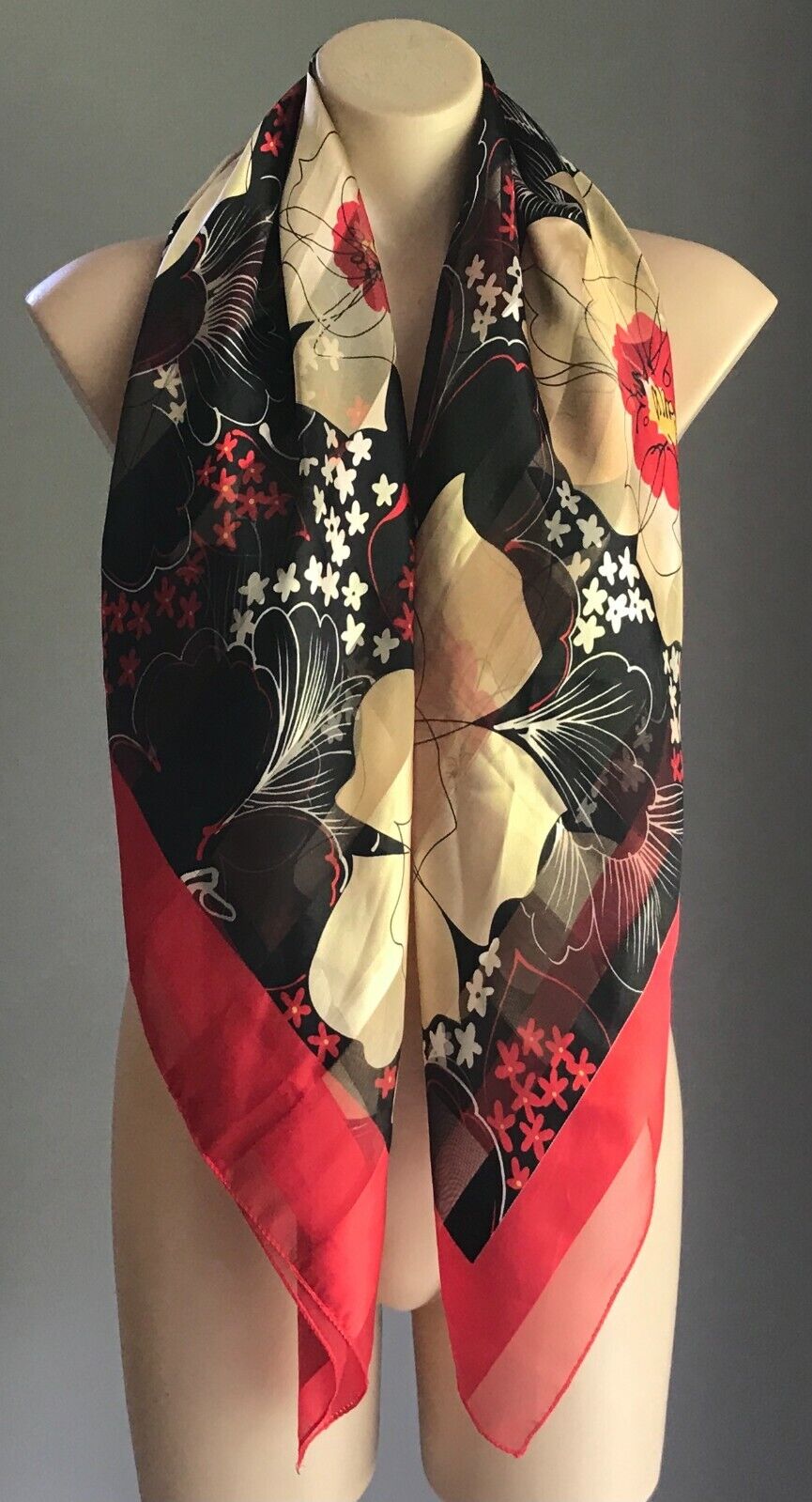 Square Neck SCARF Red Black Gold Flowers Silky Head Tie Semi Sheer Korea 105cm