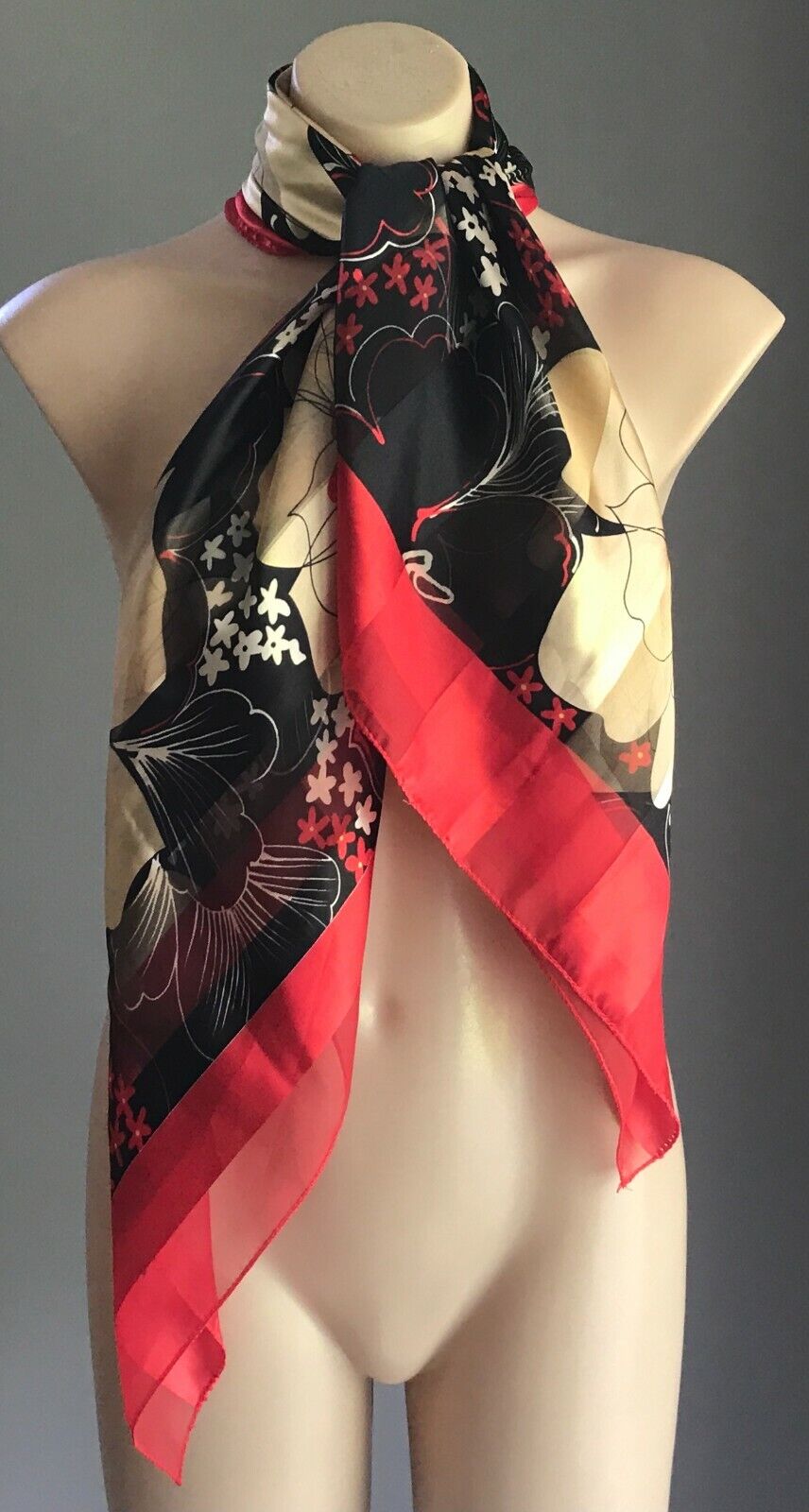 Square Neck SCARF Red Black Gold Flowers Silky Head Tie Semi Sheer Korea 105cm
