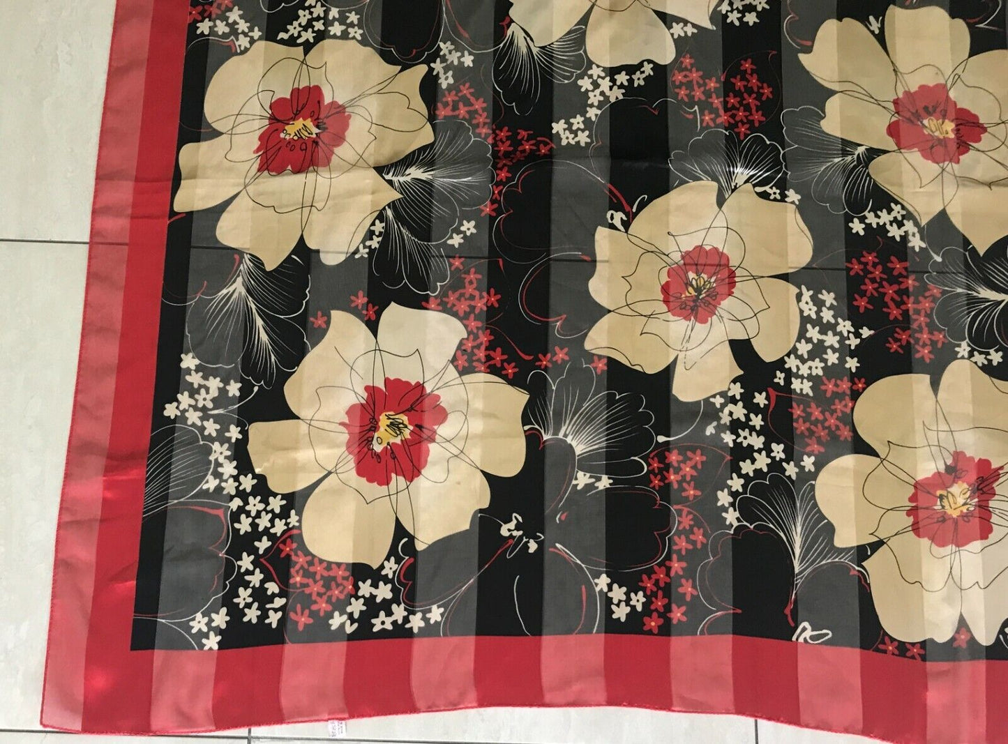 Square Neck SCARF Red Black Gold Flowers Silky Head Tie Semi Sheer Korea 105cm