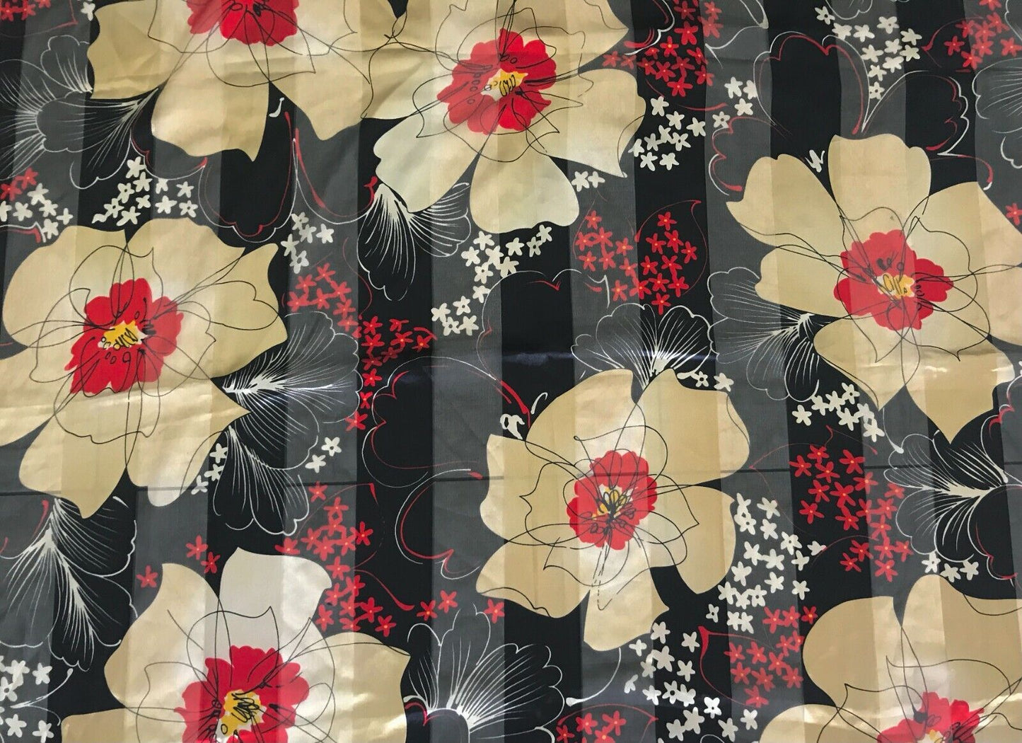 Square Neck SCARF Red Black Gold Flowers Silky Head Tie Semi Sheer Korea 105cm