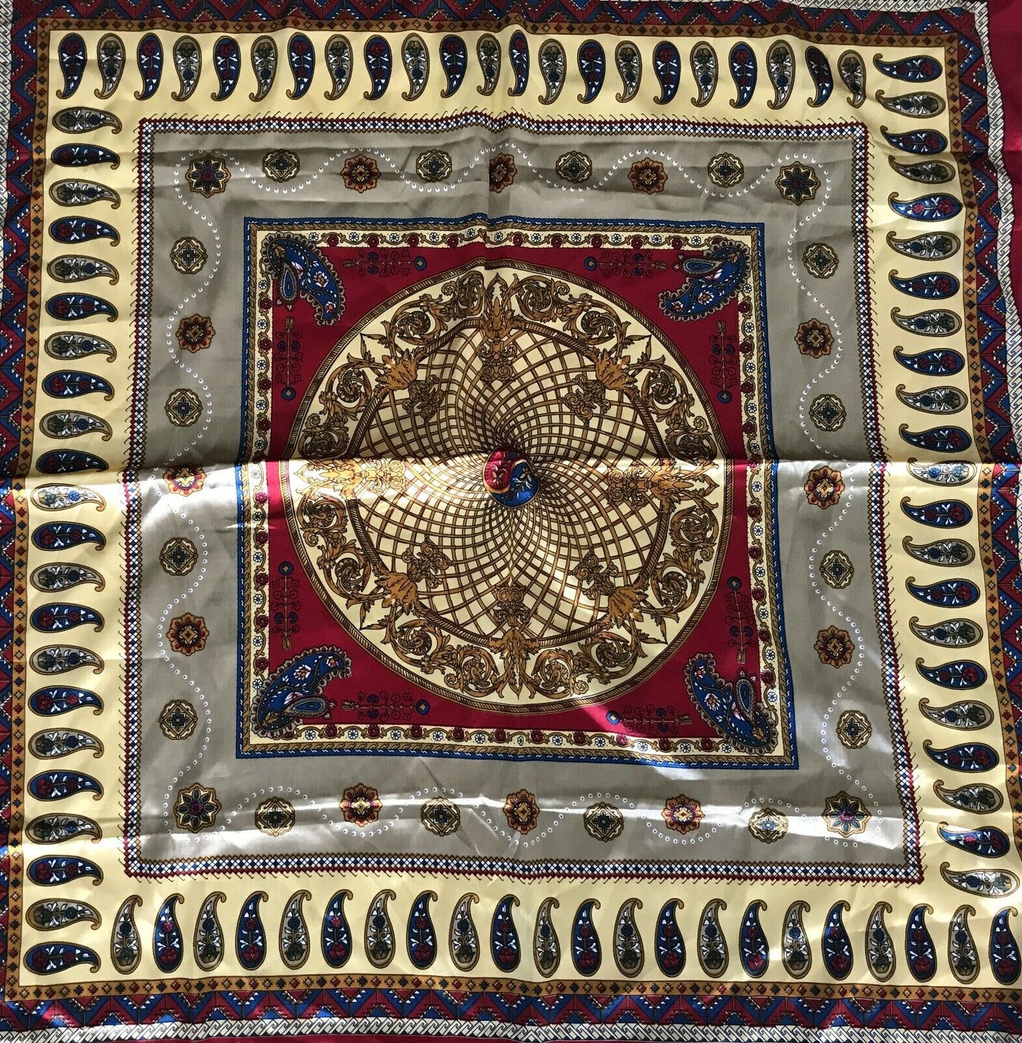 Square Neck SCARF Satin Red Gold Blue Yellow Black White Paisley Shawl 94x96cm