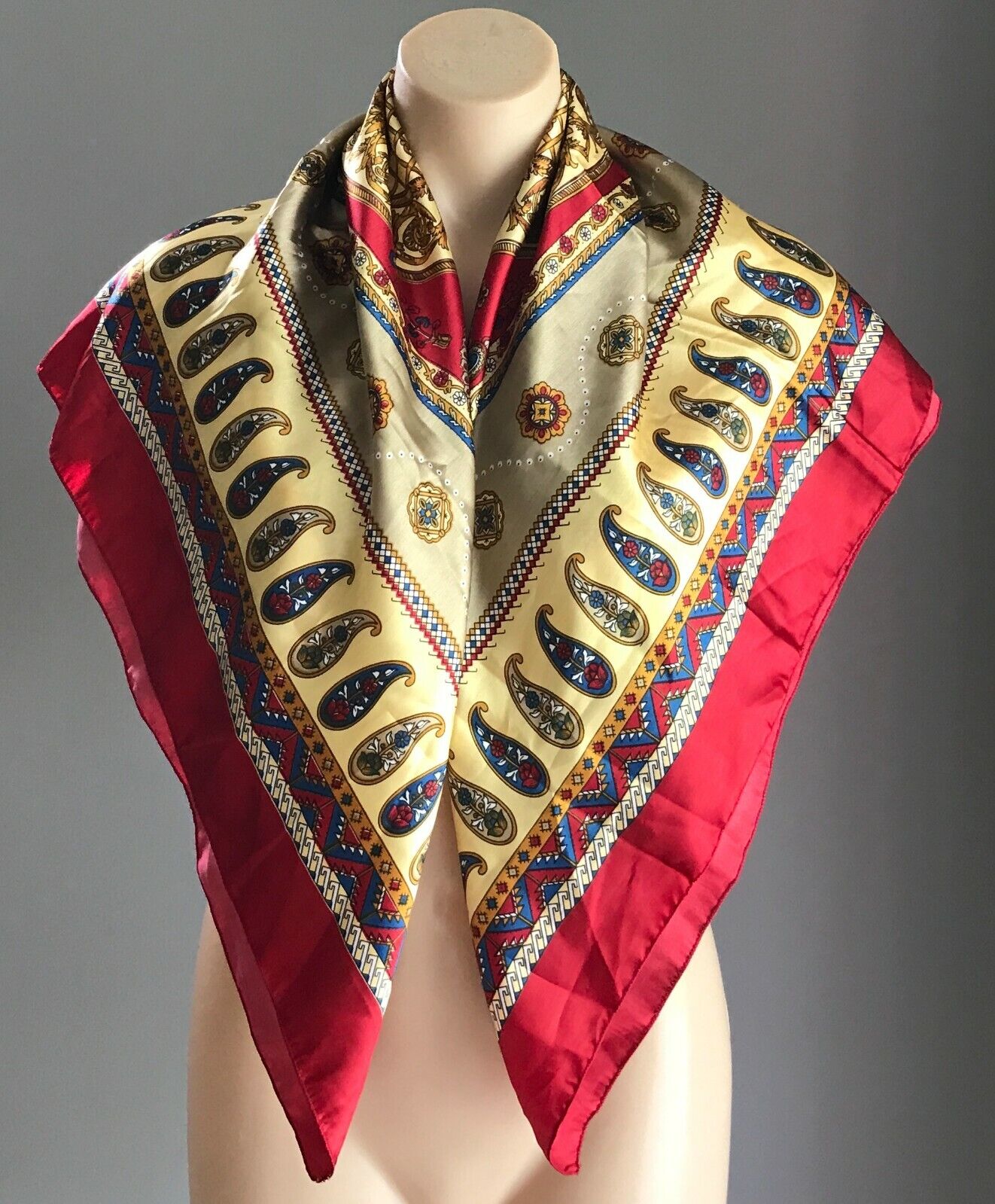 Square Neck SCARF Satin Red Gold Blue Yellow Black White Paisley Shawl 94x96cm