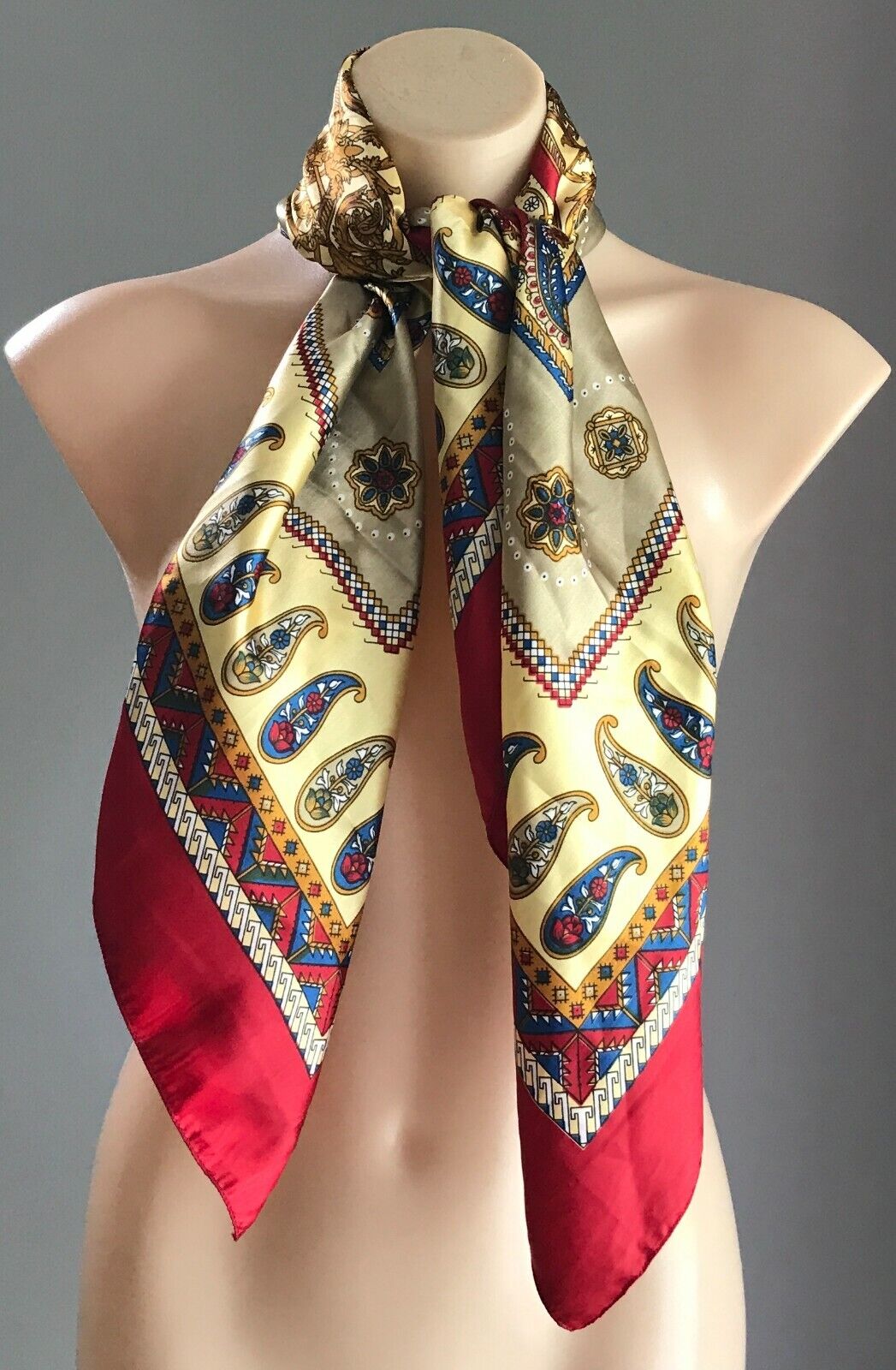 Square Neck SCARF Satin Red Gold Blue Yellow Black White Paisley Shawl 94x96cm