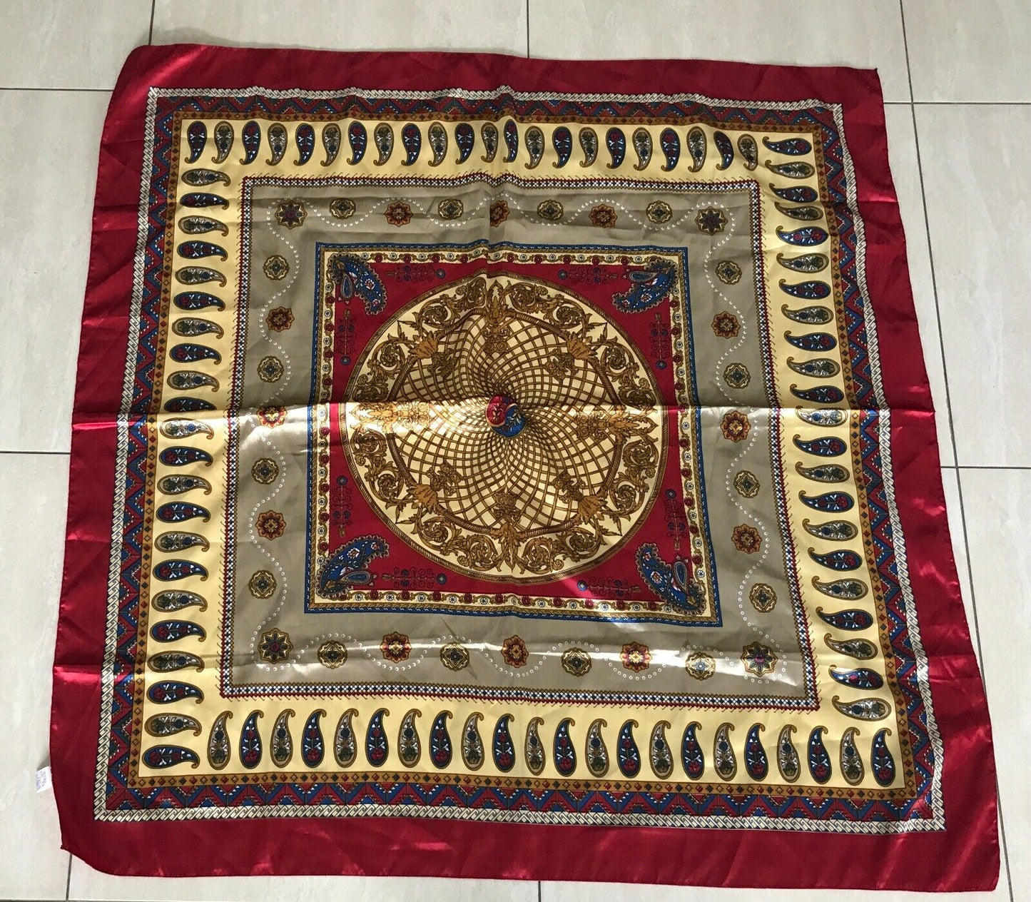 Square Neck SCARF Satin Red Gold Blue Yellow Black White Paisley Shawl 94x96cm