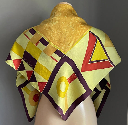 89cm Sq Silk Neck Scarf THEL MERRY Yellow Brown Red White Silk Screen Design NEW