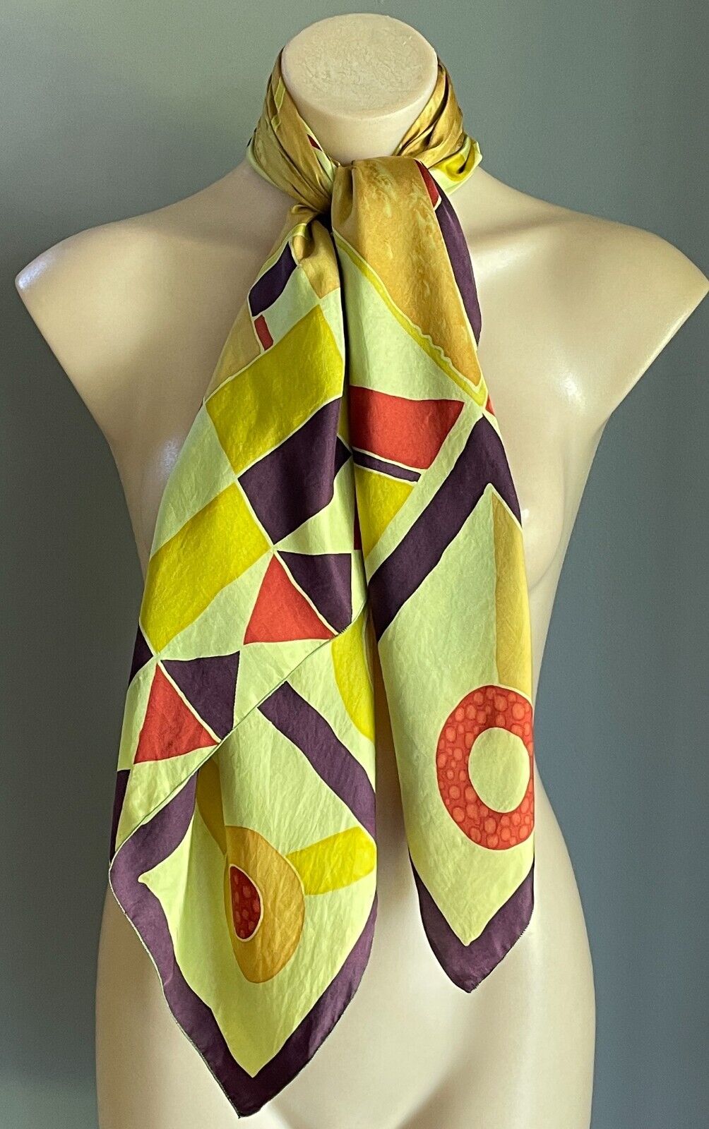 89cm Sq Silk Neck Scarf THEL MERRY Yellow Brown Red White Silk Screen Design NEW