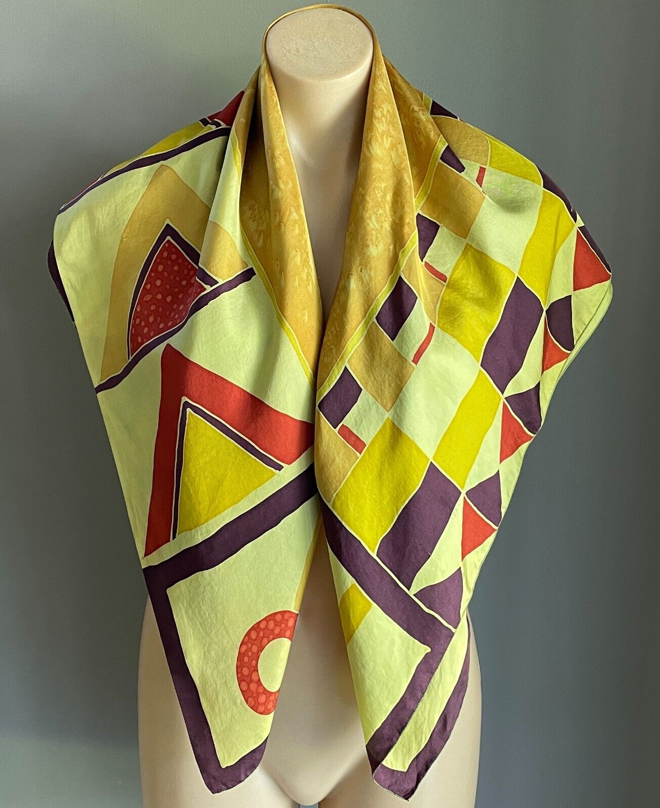 89cm Sq Silk Neck Scarf THEL MERRY Yellow Brown Red White Silk Screen Design NEW