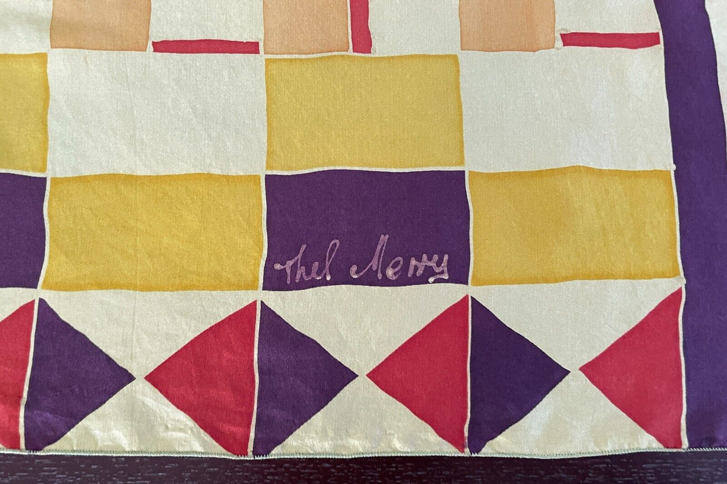 89cm Sq Silk Neck Scarf THEL MERRY Yellow Brown Red White Silk Screen Design NEW