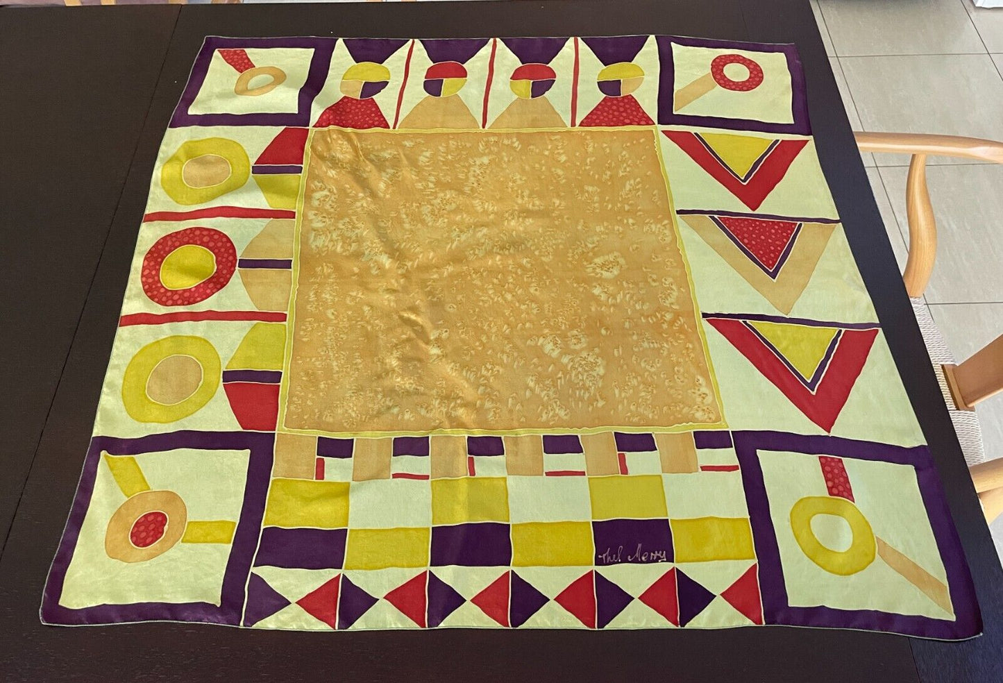 89cm Sq Silk Neck Scarf THEL MERRY Yellow Brown Red White Silk Screen Design NEW