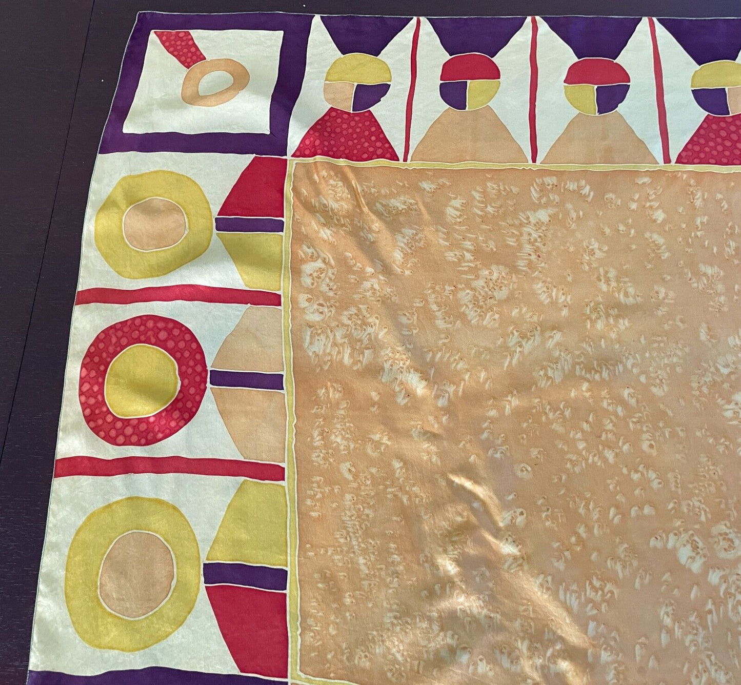 89cm Sq Silk Neck Scarf THEL MERRY Yellow Brown Red White Silk Screen Design NEW