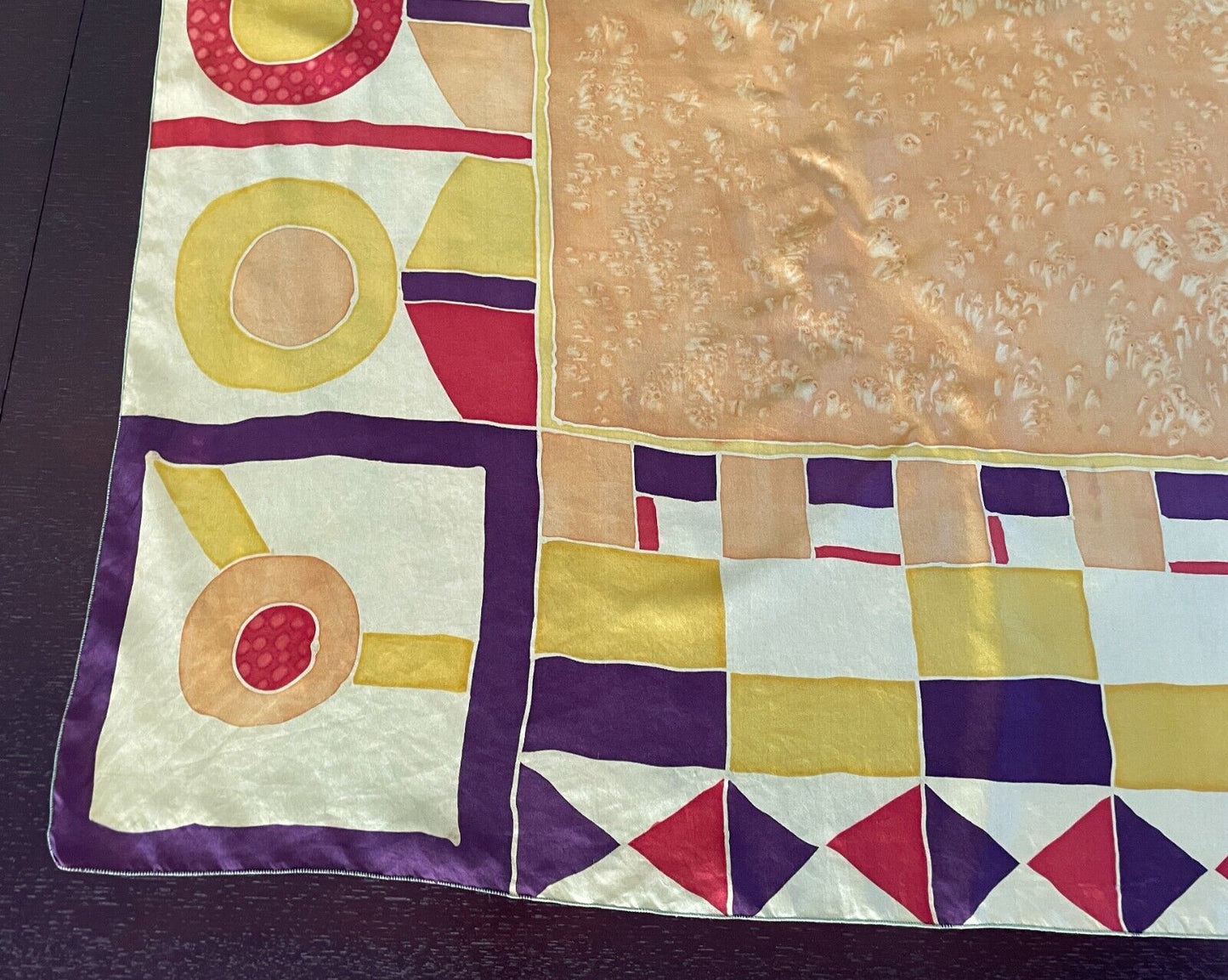 89cm Sq Silk Neck Scarf THEL MERRY Yellow Brown Red White Silk Screen Design NEW