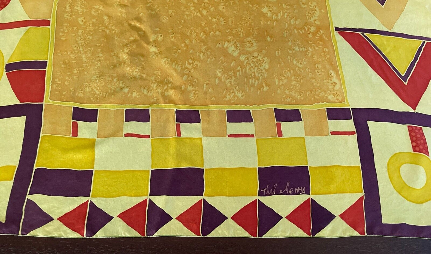 89cm Sq Silk Neck Scarf THEL MERRY Yellow Brown Red White Silk Screen Design NEW