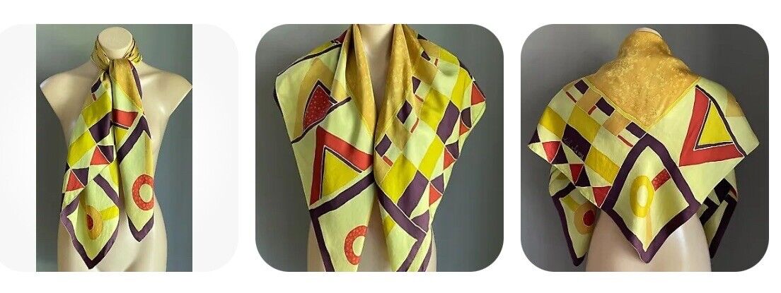 89cm Sq Silk Neck Scarf THEL MERRY Yellow Brown Red White Silk Screen Design NEW