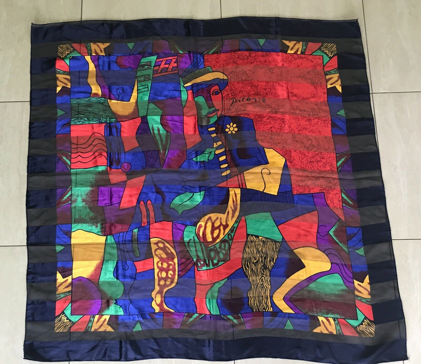 Square Neck SCARF PICASSO Silky Satin Bright Red Black Yellow Blue Art 105cm