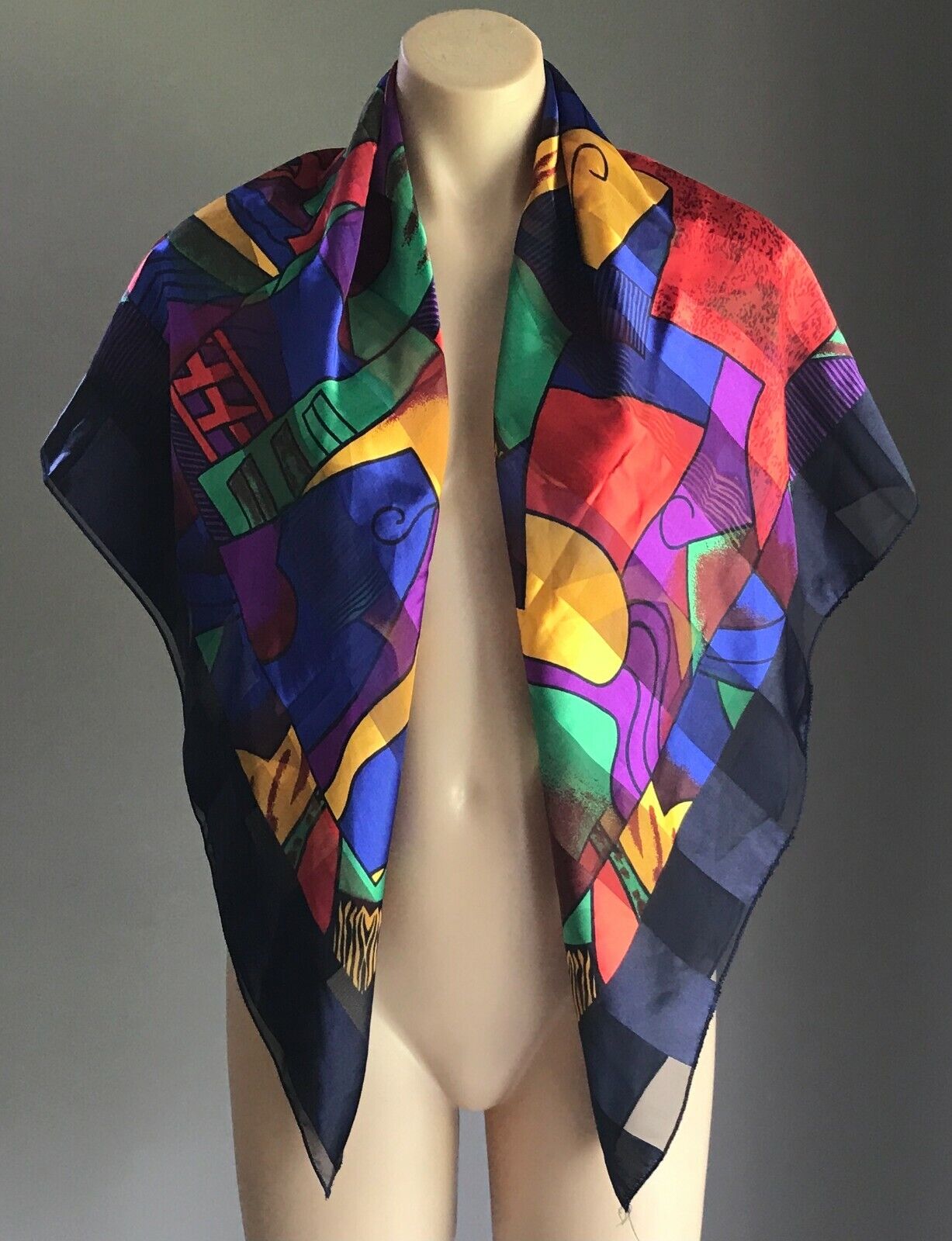 Square Neck SCARF PICASSO Silky Satin Bright Red Black Yellow Blue Art 105cm