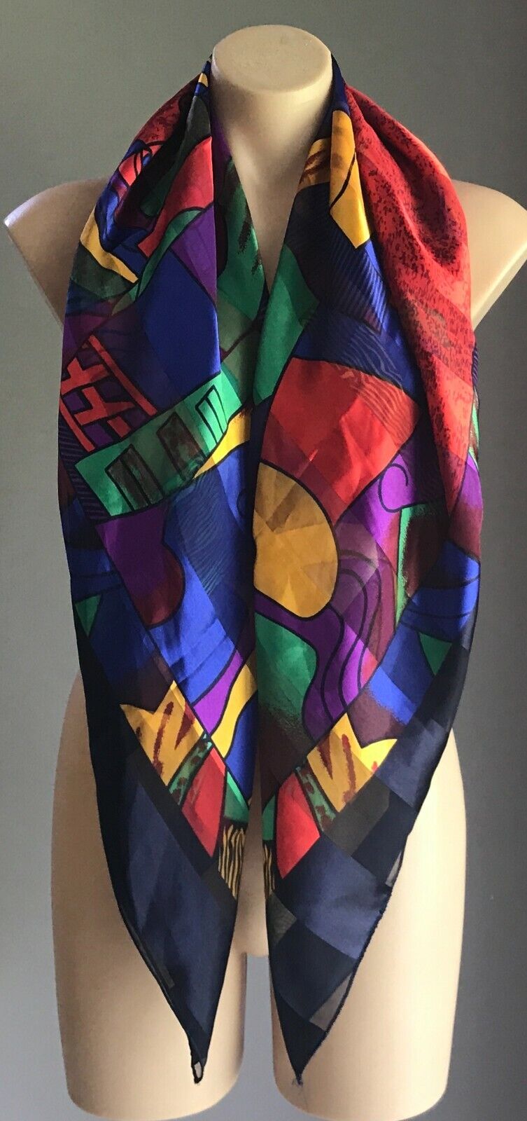 Square Neck SCARF PICASSO Silky Satin Bright Red Black Yellow Blue Art 105cm