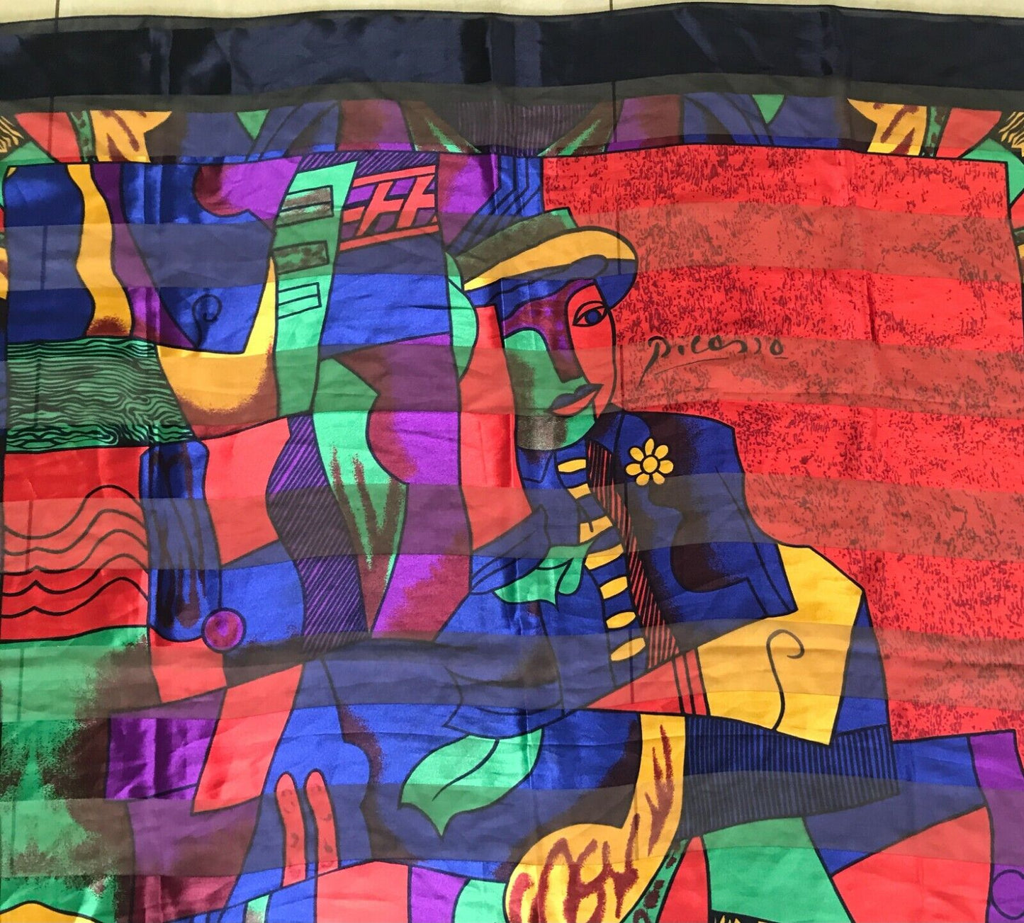 Square Neck SCARF PICASSO Silky Satin Bright Red Black Yellow Blue Art 105cm