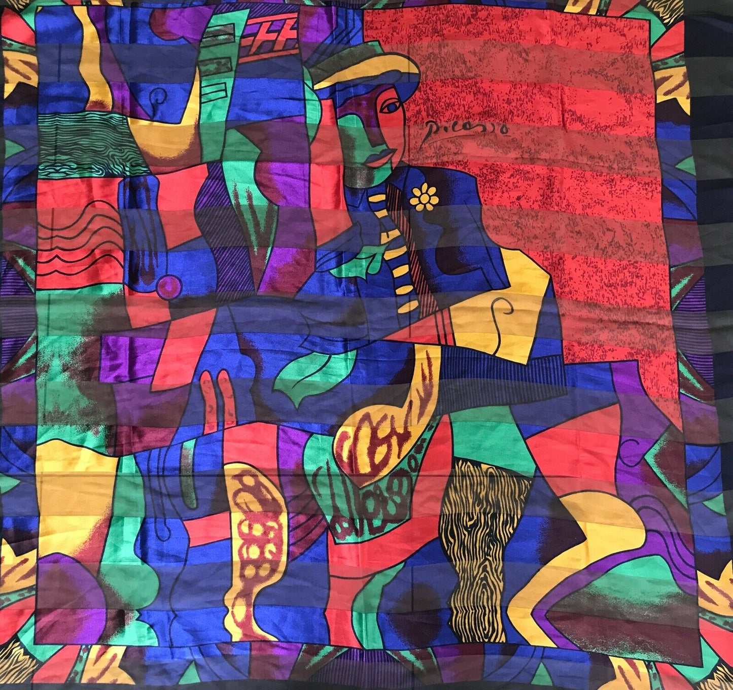 Square Neck SCARF PICASSO Silky Satin Bright Red Black Yellow Blue Art 105cm